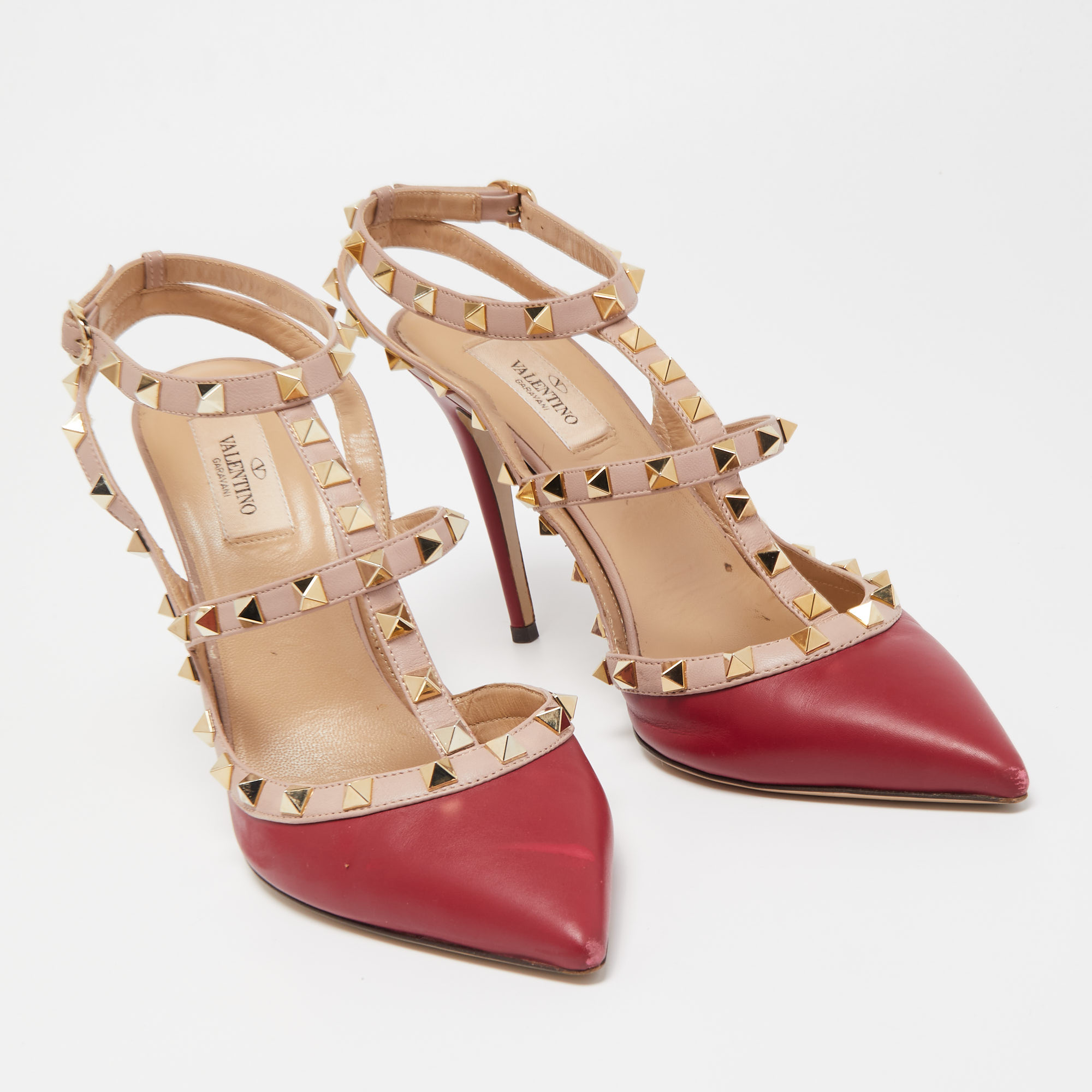 Valentino Red/Beige Leather Rockstud Strappy Pointed Toe Pumps Size 40
