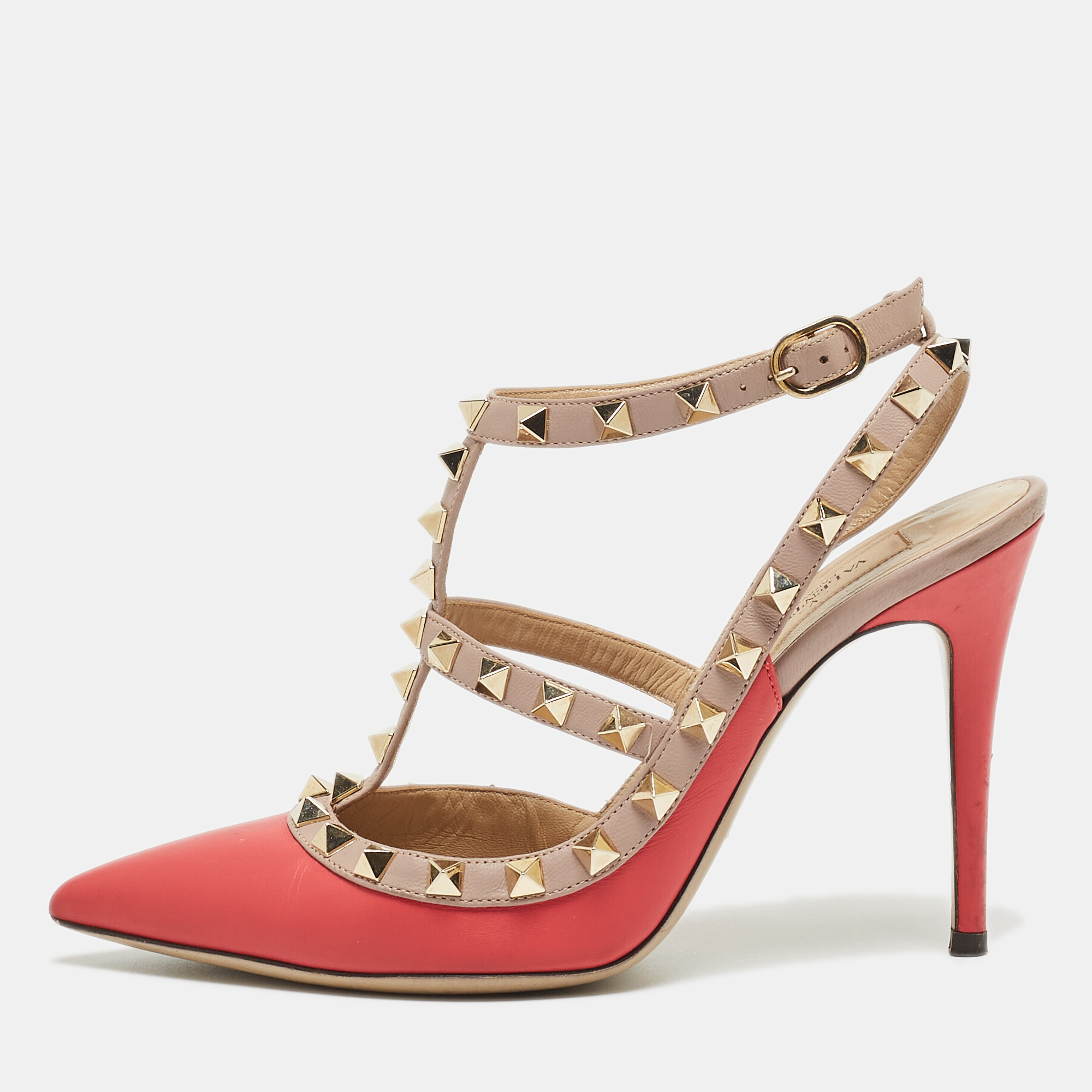 Valentino Pink Leather Rockstud Strappy Pointed Toe Pumps Size 36.5