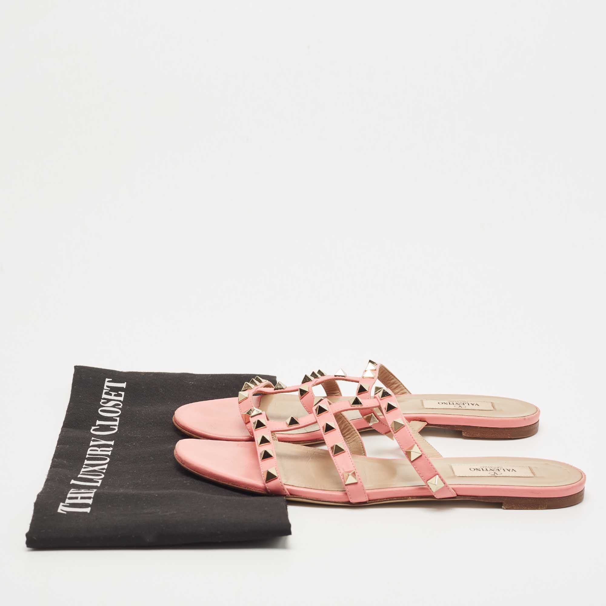 Valentino Pink Leather Rockstud Flat Slides Size 39
