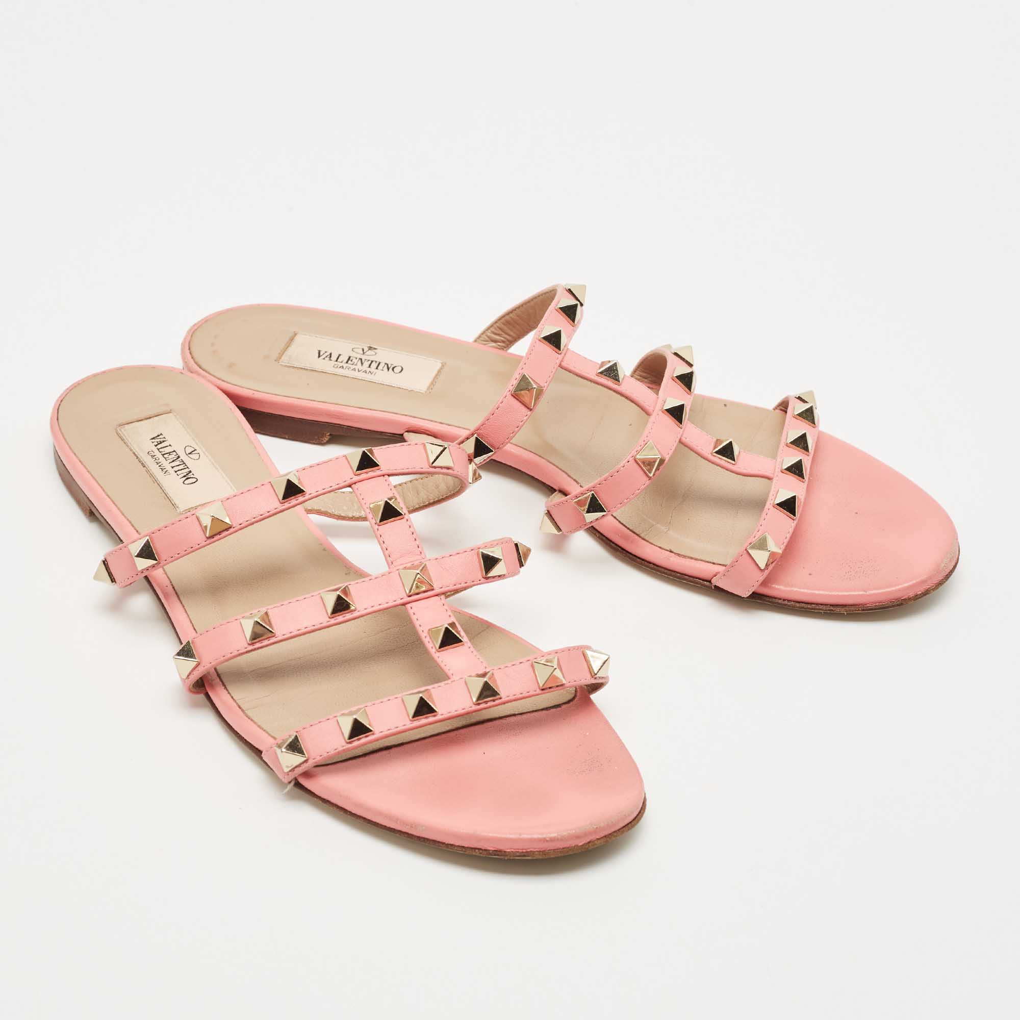 Valentino Pink Leather Rockstud Flat Slides Size 39