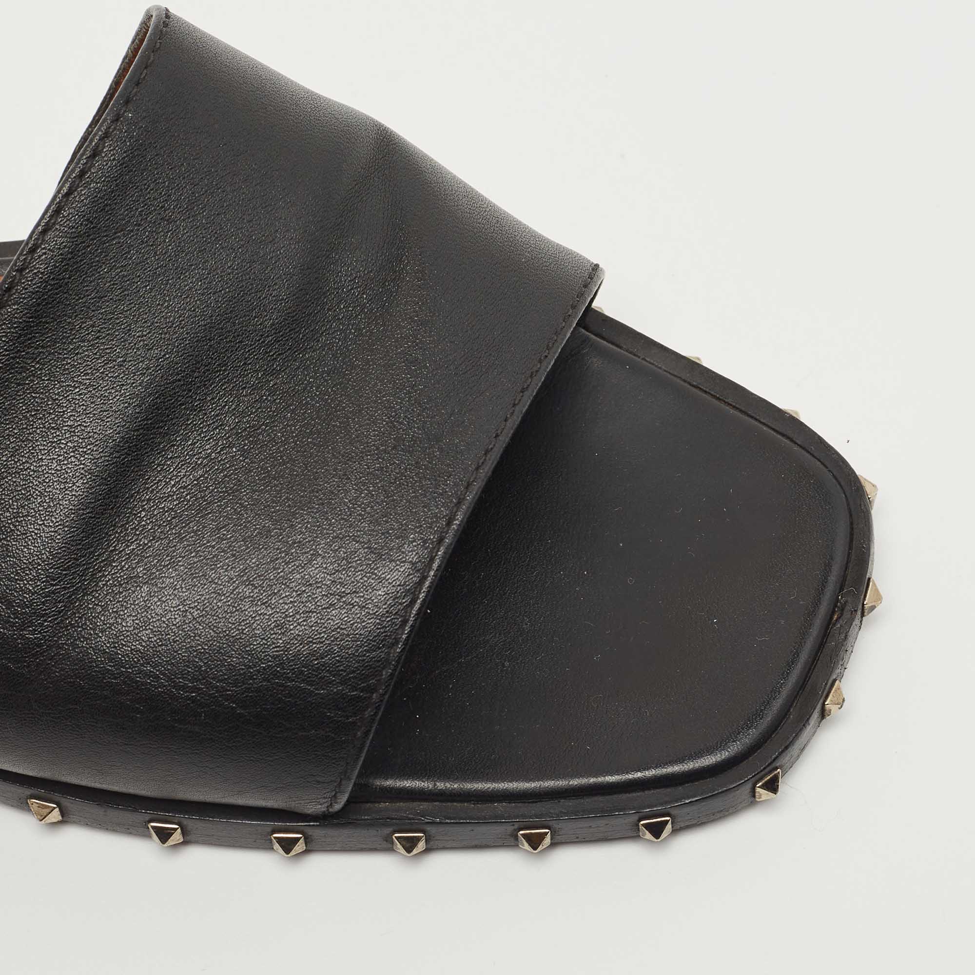 Valentino Black Leather Soul Rockstud Flat Slides Size 37.5