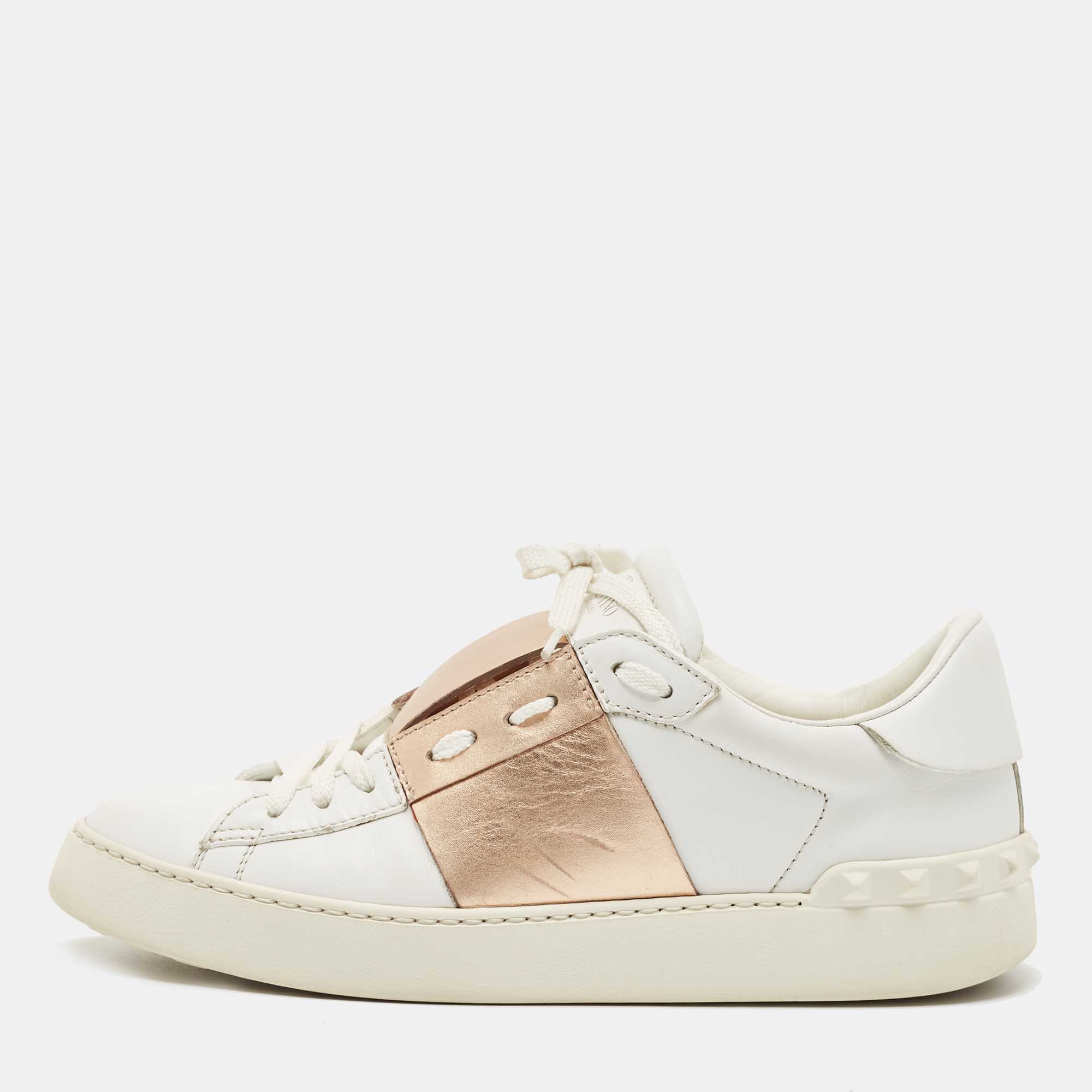 Valentino White/Gold Leather  Open Low Top Sneakers Size 39