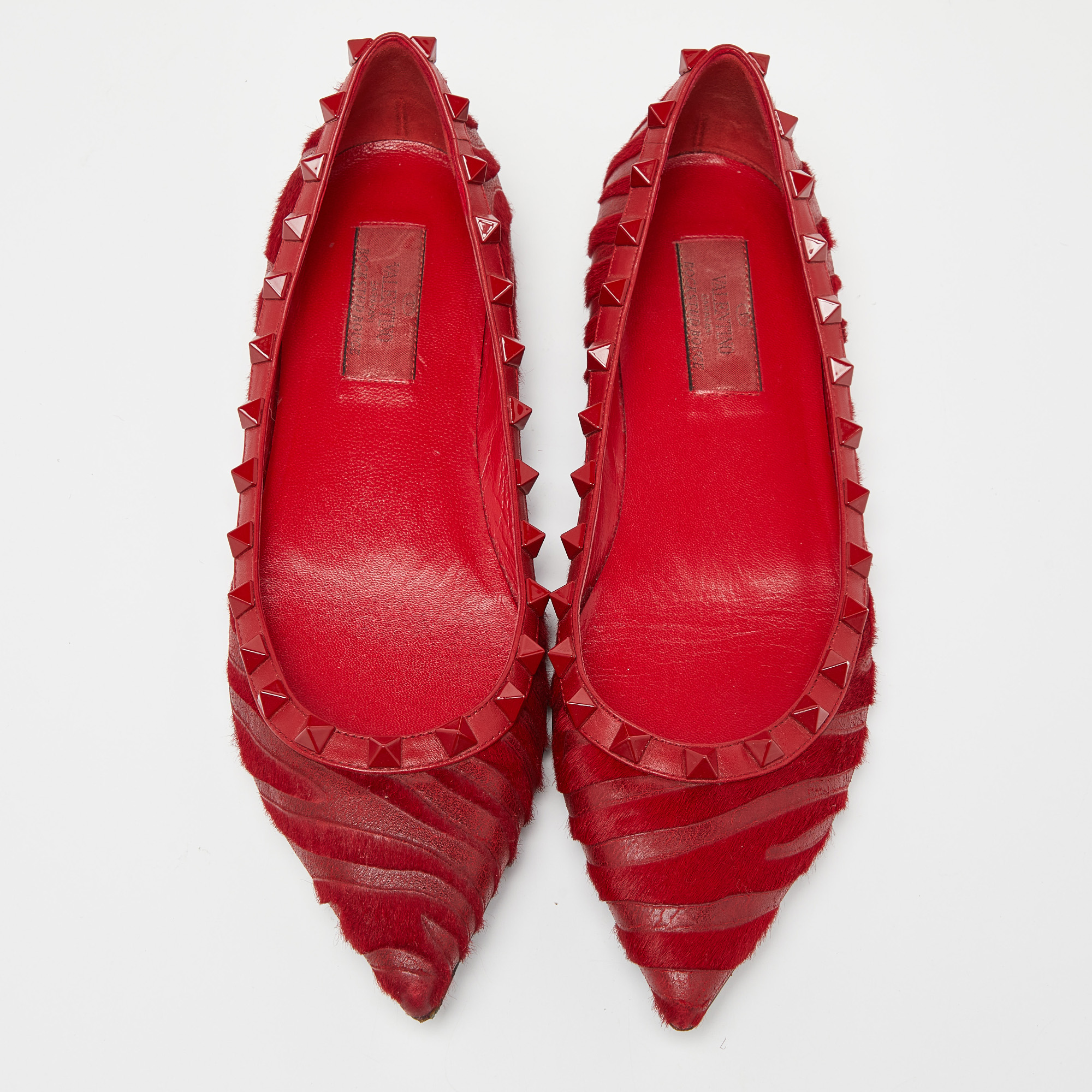 Valentino Red Calfhair And Leather Studded Ballet Flats Size 37