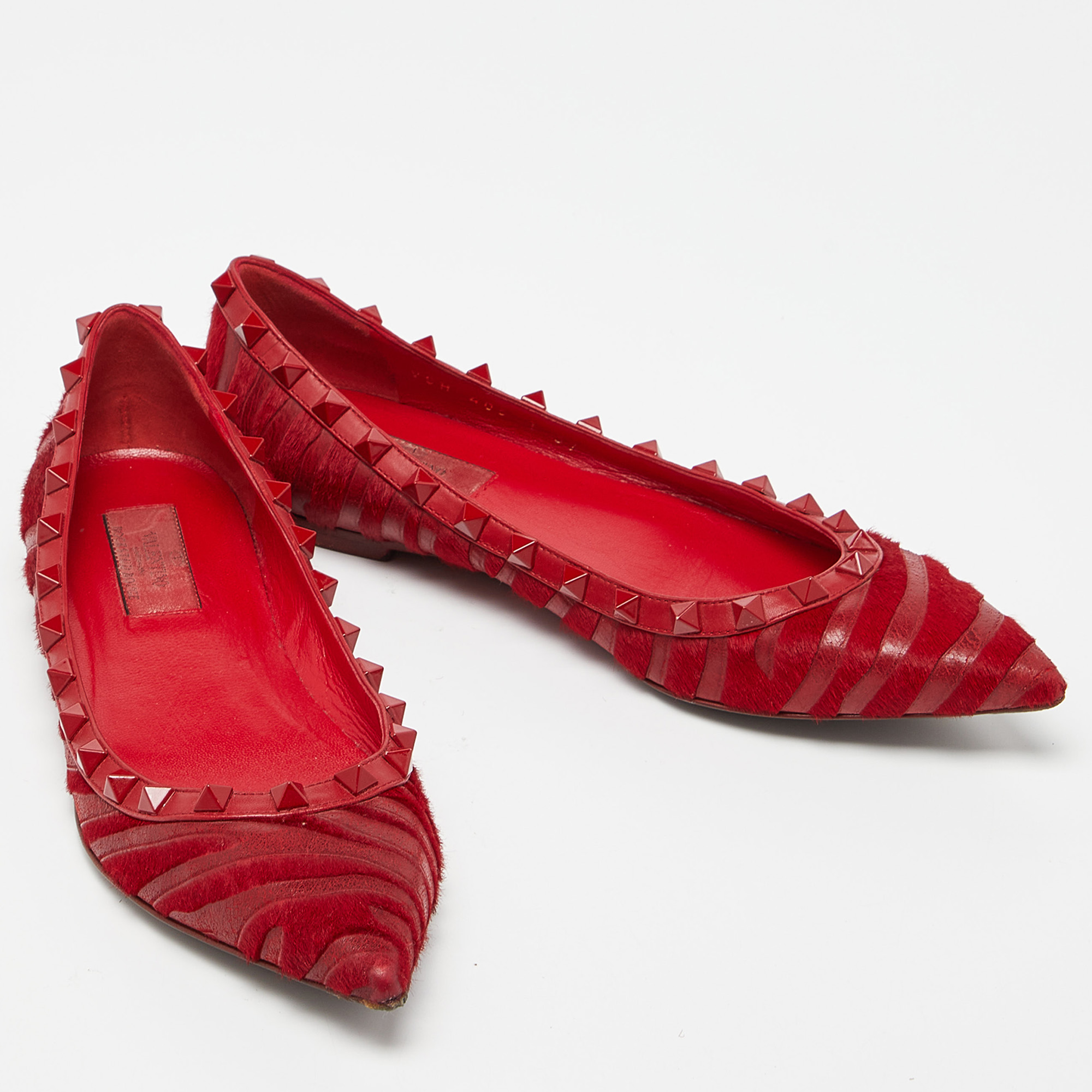 Valentino Red Calfhair And Leather Studded Ballet Flats Size 37