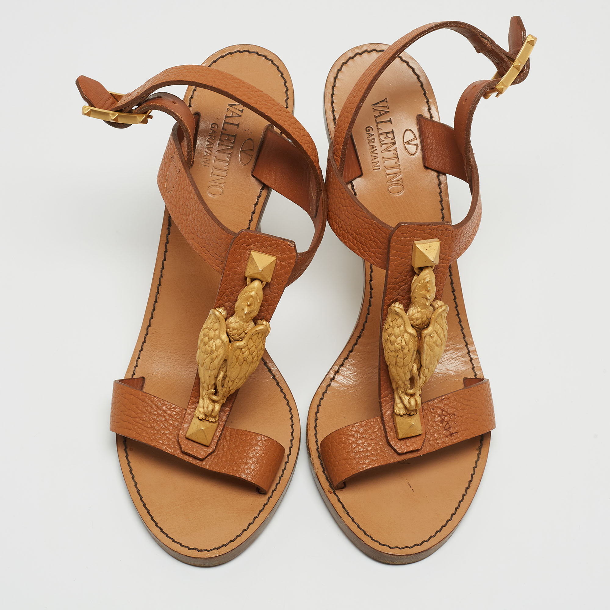 Valentino Brown Leather T-strap Slingback Sandals Size 38