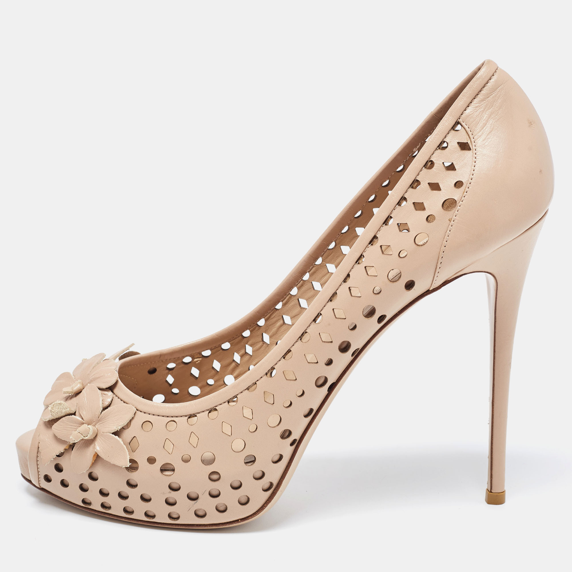 Valentino Beige Perforated Leather Floral Applique Peep Toe Pumps Size 40.5