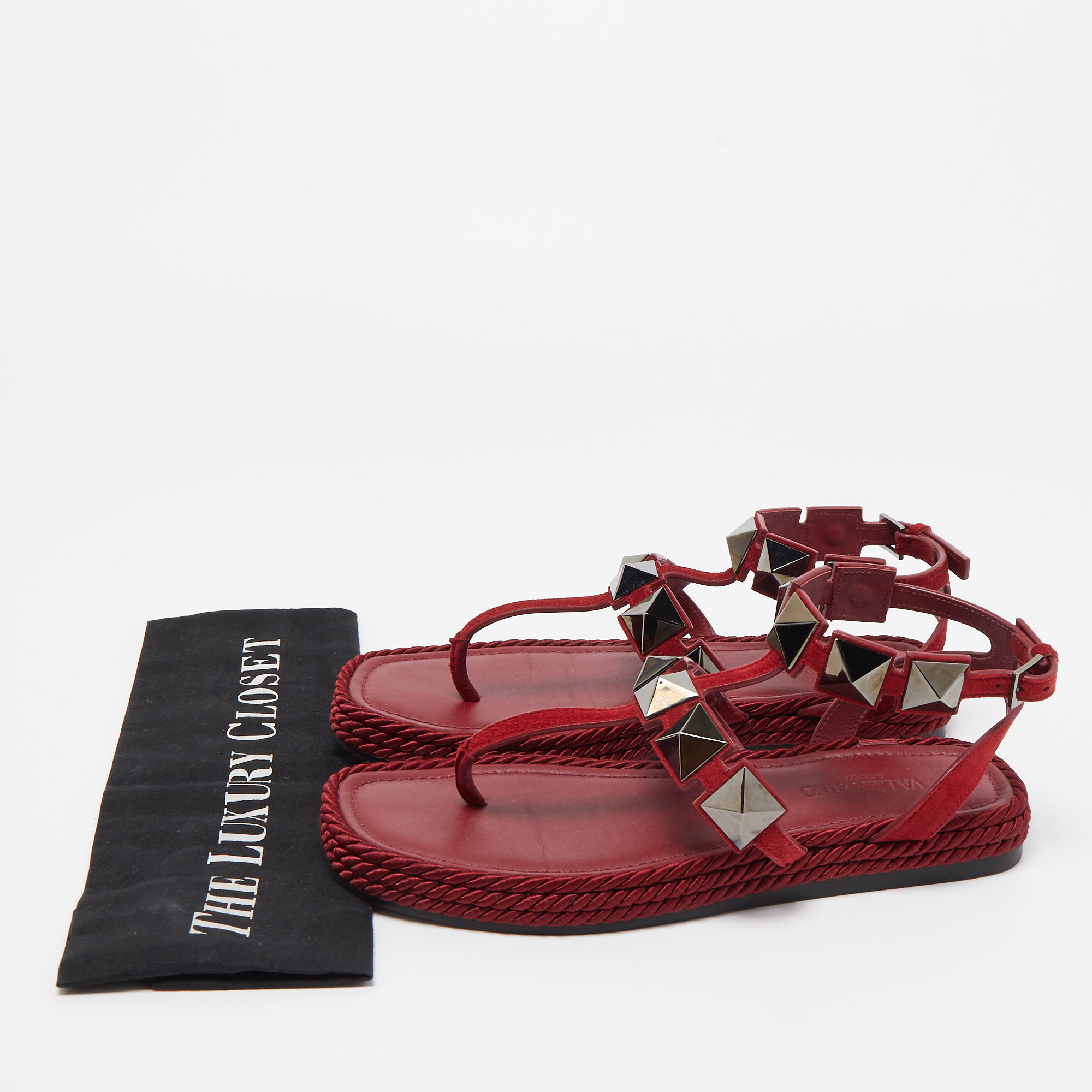 Valentino Dark Red Suede Roman Stud Espadrille Thong Sandals Size 37