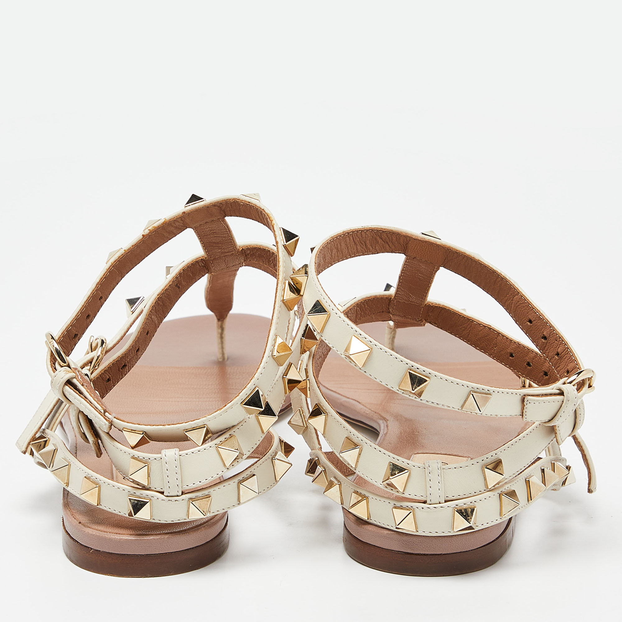 Valentino Cream Leather Rockstud Ankle Strap Flat Sandals Size 41