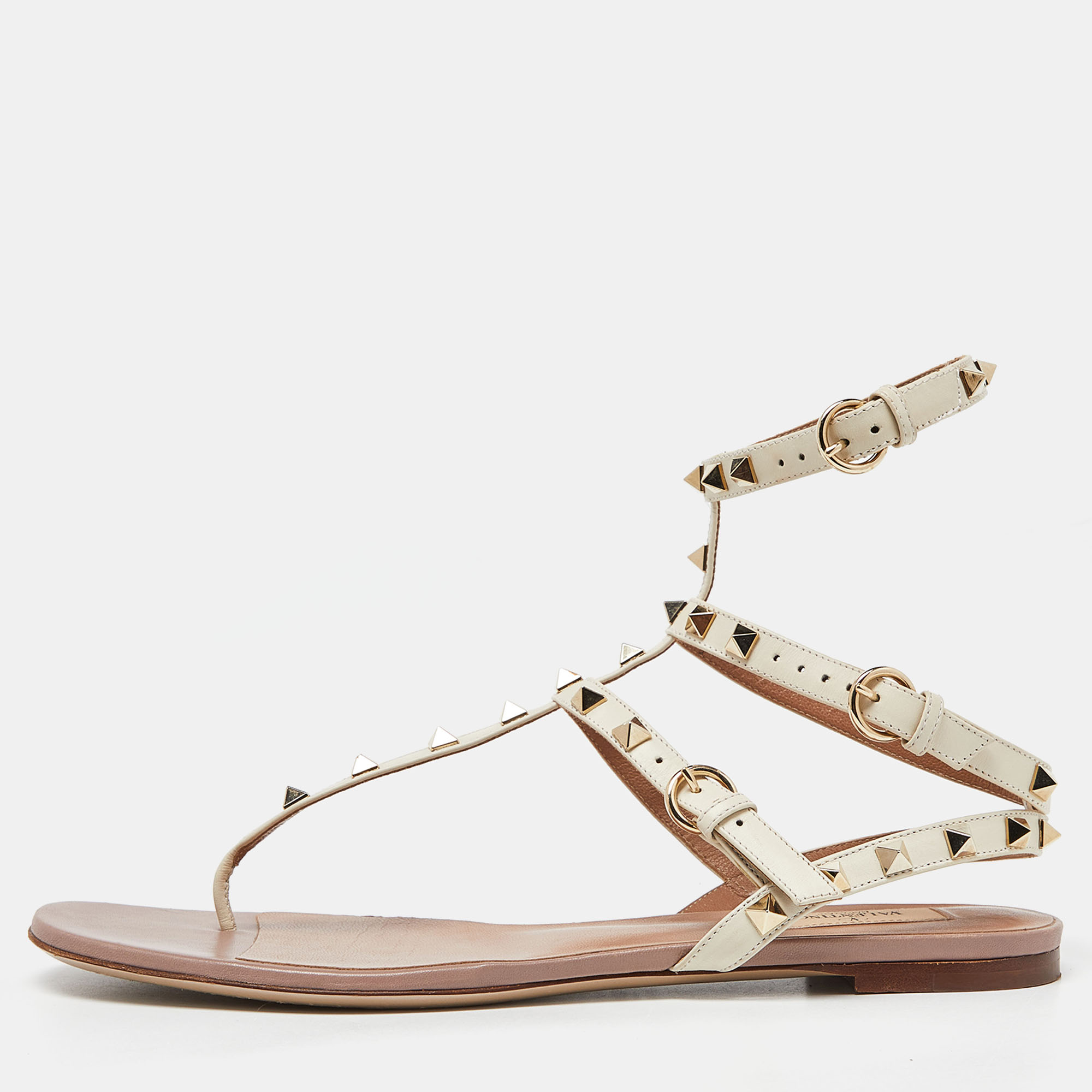 Valentino Cream Leather Rockstud Ankle Strap Flat Sandals Size 41