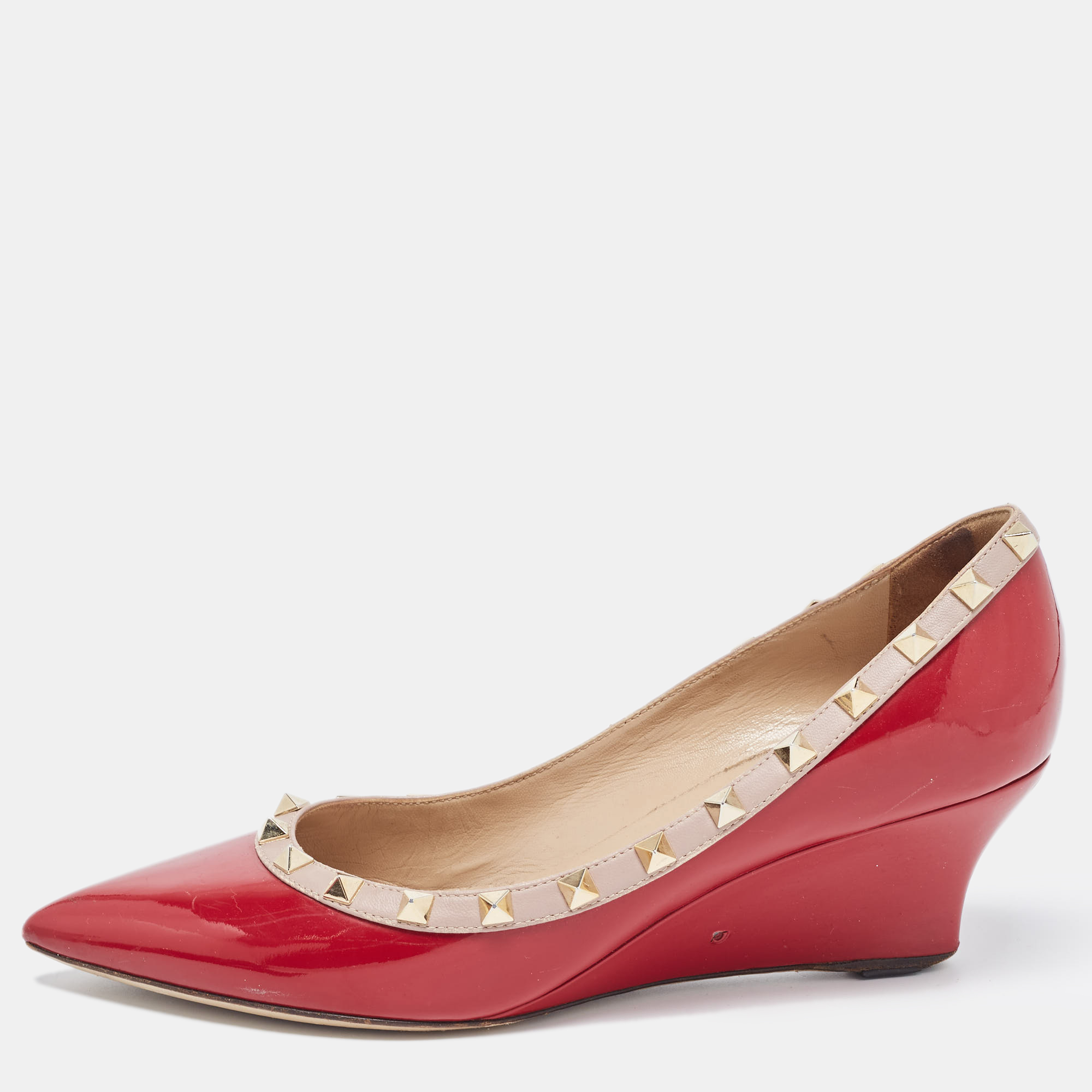 Valentino red/beige patent and leather wedge rockstud pumps size 39