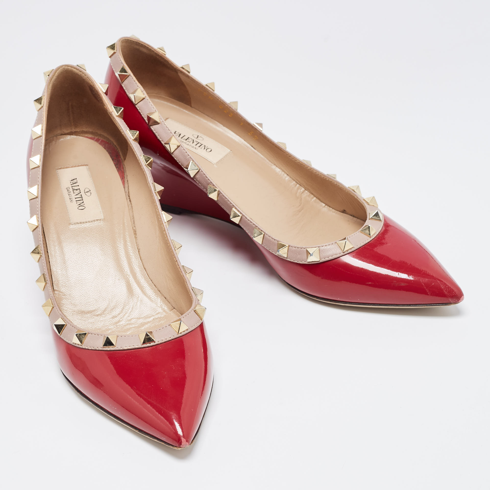 Valentino Red/Beige Patent And Leather Wedge Rockstud Pumps Size 39