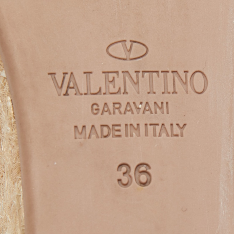 Valentino Black Leather Rockstud Wedge Espadrille Ankle Wrap Pumps Size 36