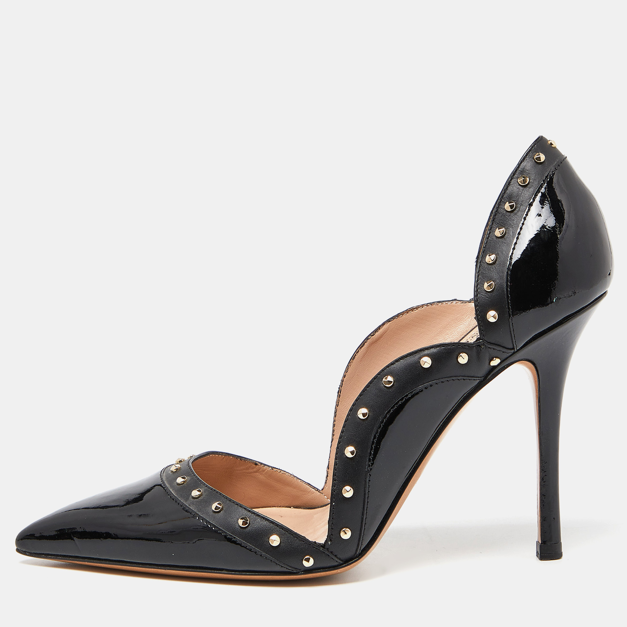 Valentino Black Patent And Leather Studded Pointed Toe Pumps Size 38
