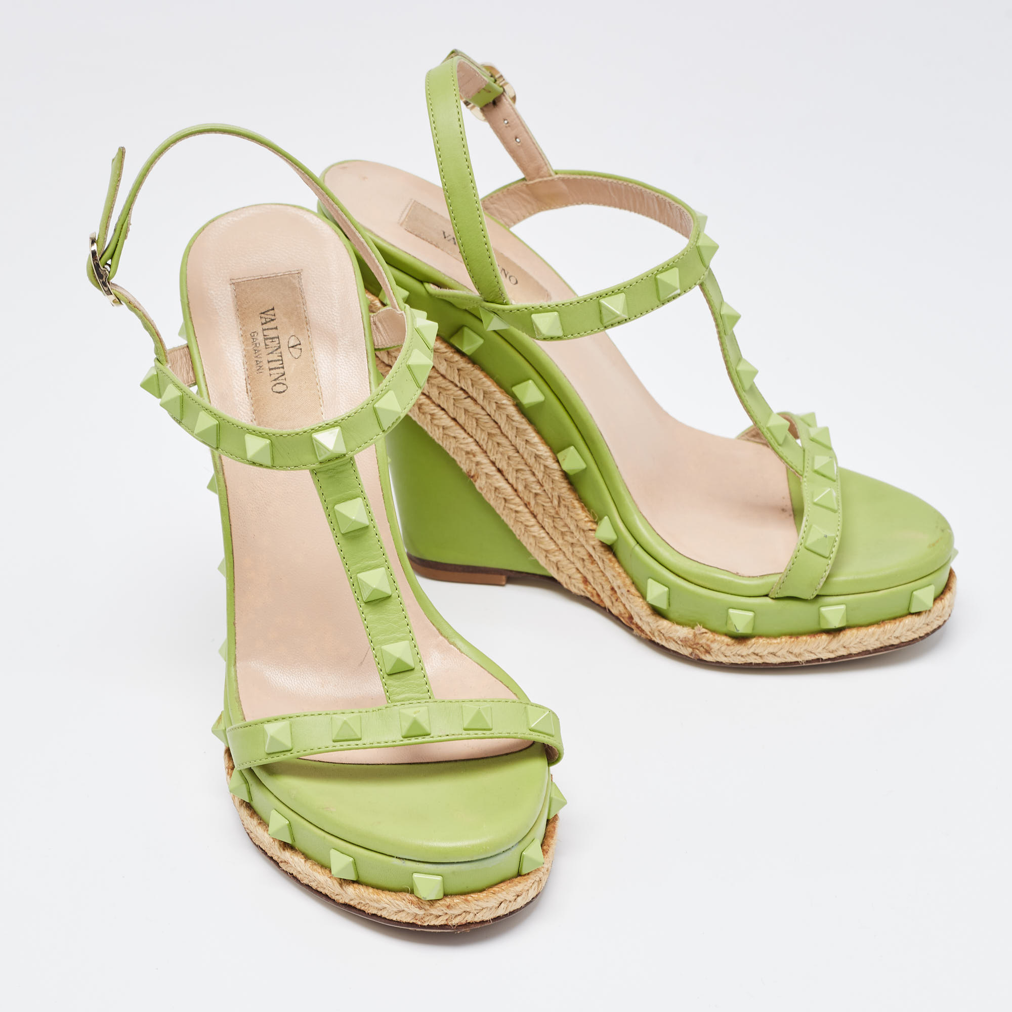 Valentino Green Leather Rockstud Wedge Sandals Size 37