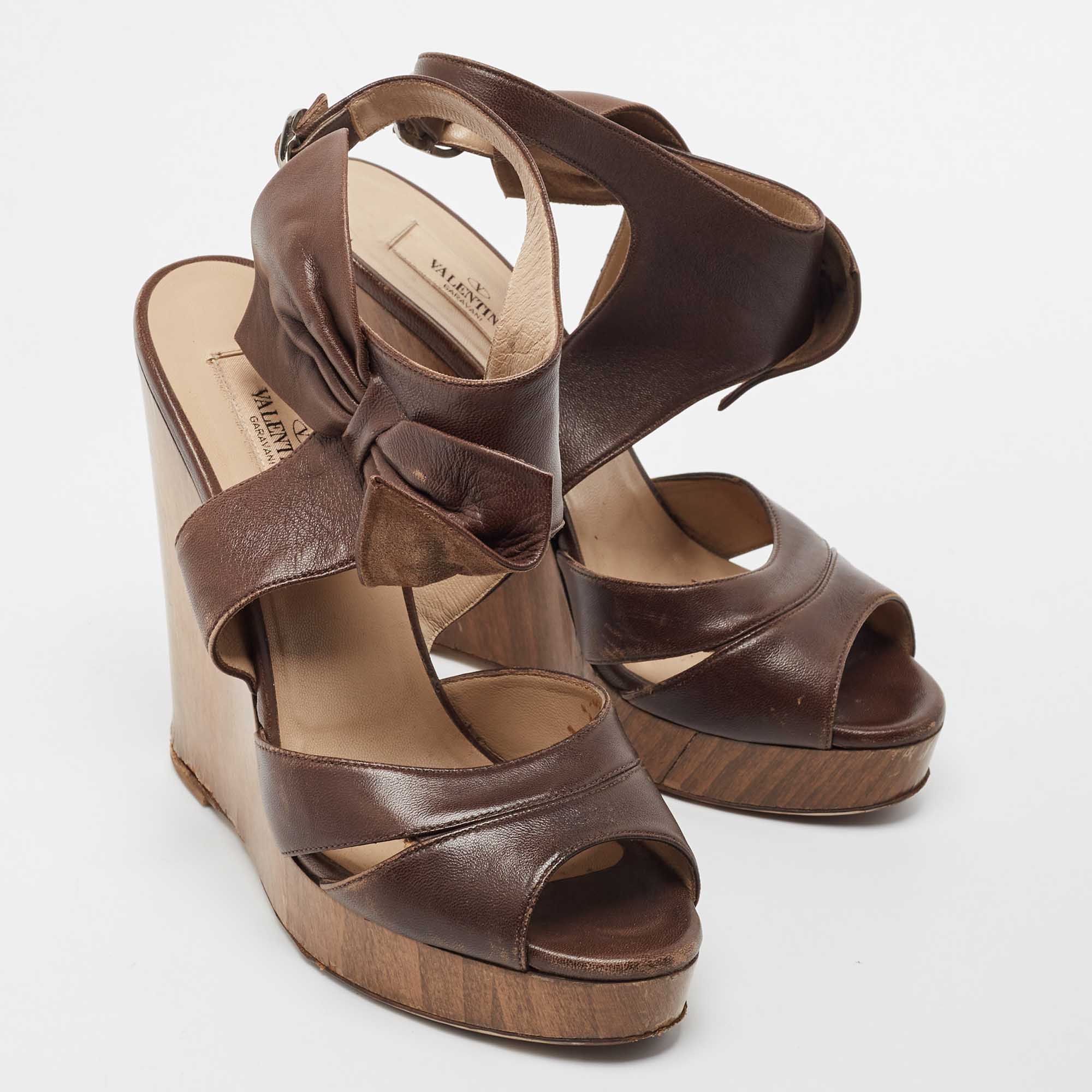 Valentino Brown Leather Wedge Sandals Size 37