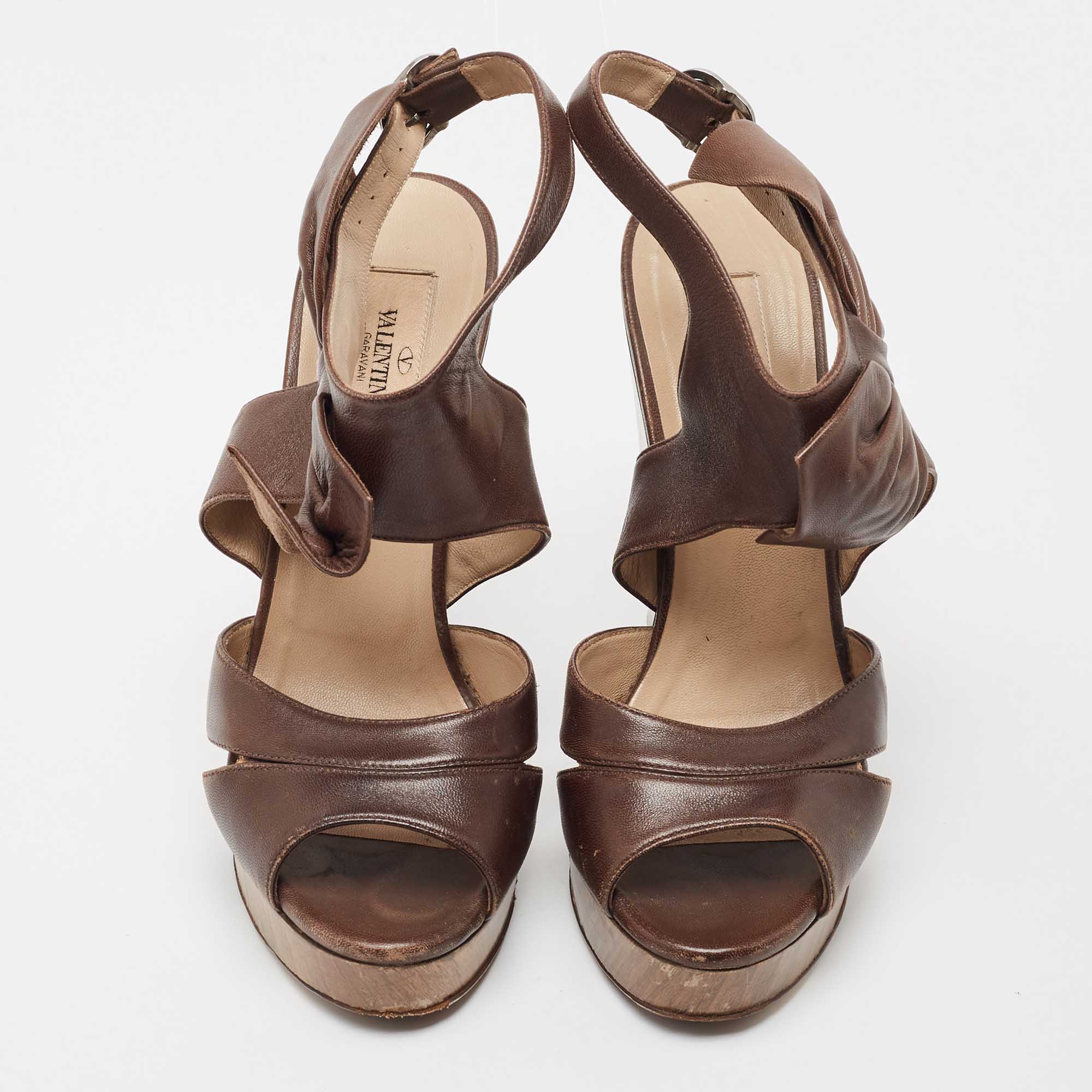 Valentino Brown Leather Wedge Sandals Size 37