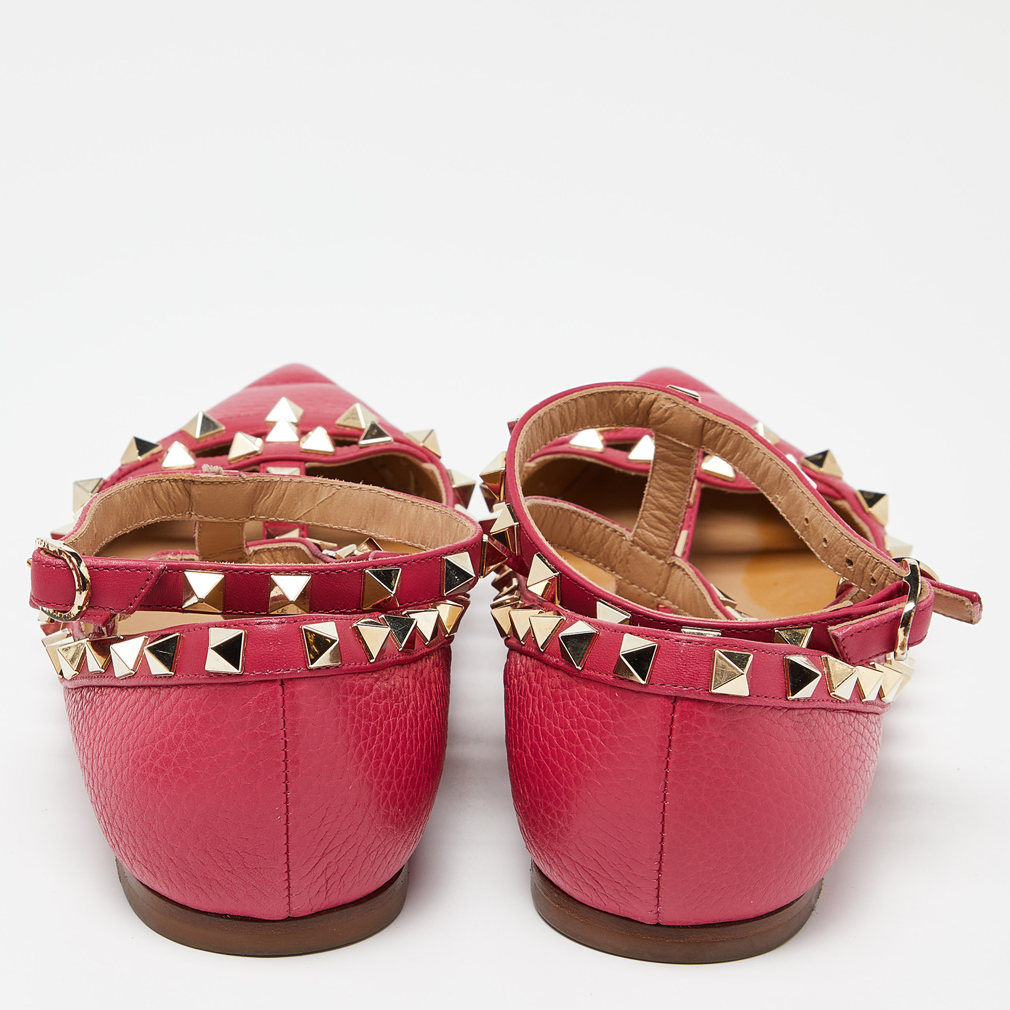 Valentino Pink Leather Rockstud Ankle Strap Ballet Flats Size 37.5