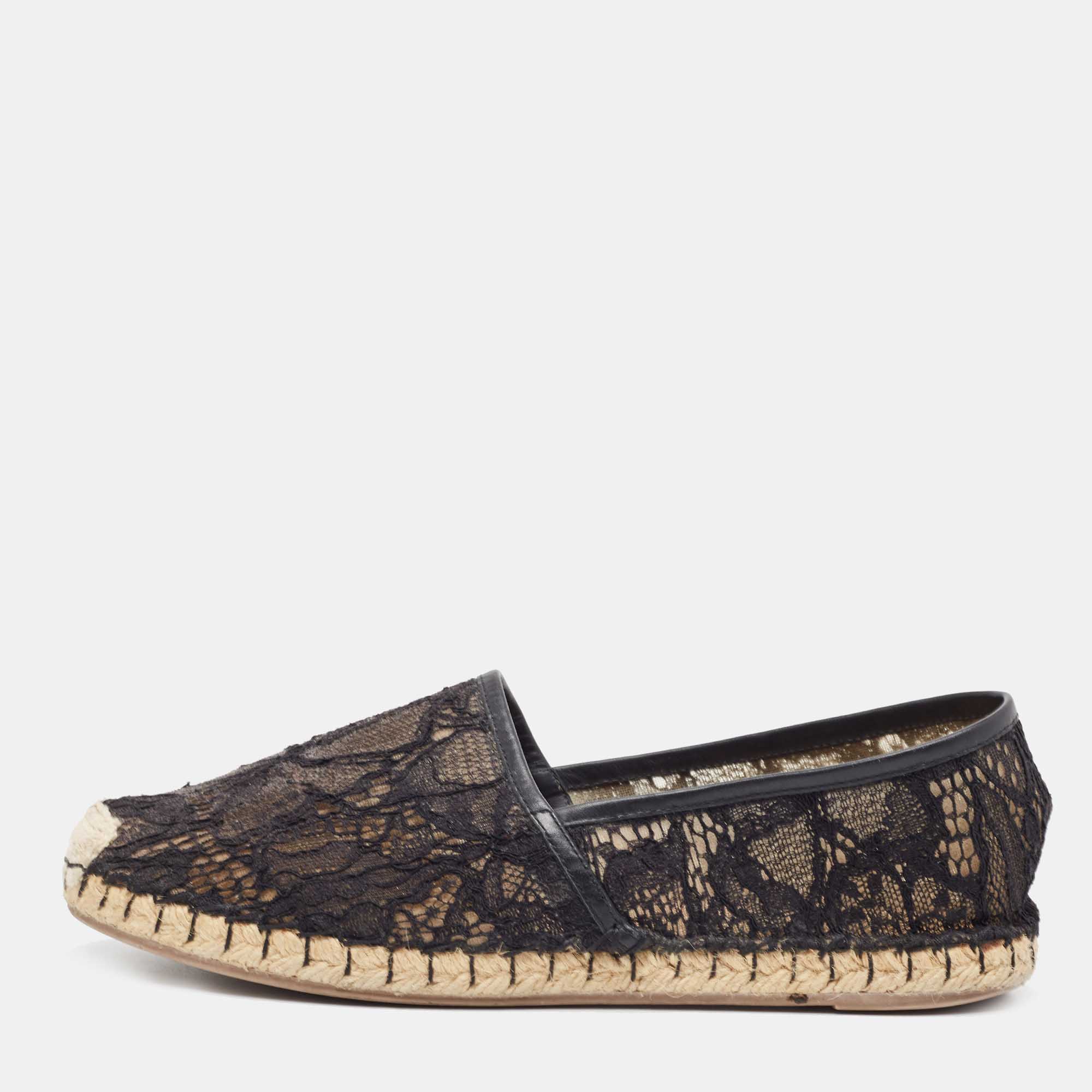 Valentino Black Lace And Leather Butterfly Espadrille Flats Size 38