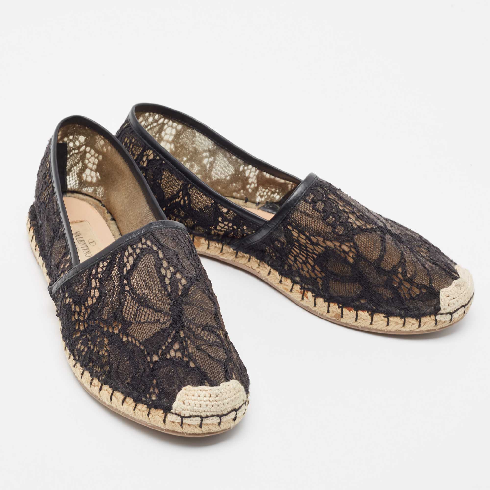 Valentino Black Lace And Leather Butterfly Espadrille Flats Size 38