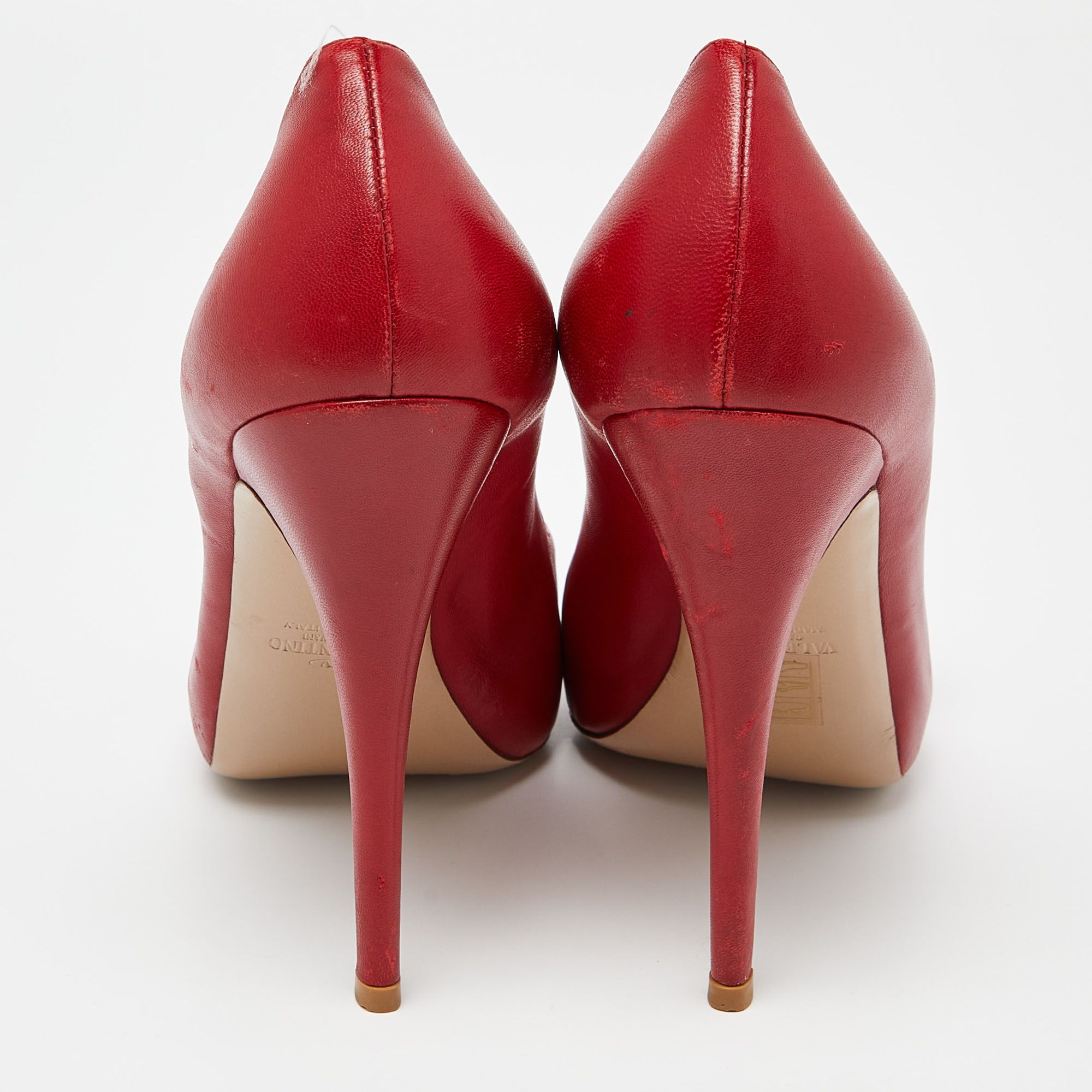 Valentino Red Leather Rose Applique Peep Toe Pumps Size 41