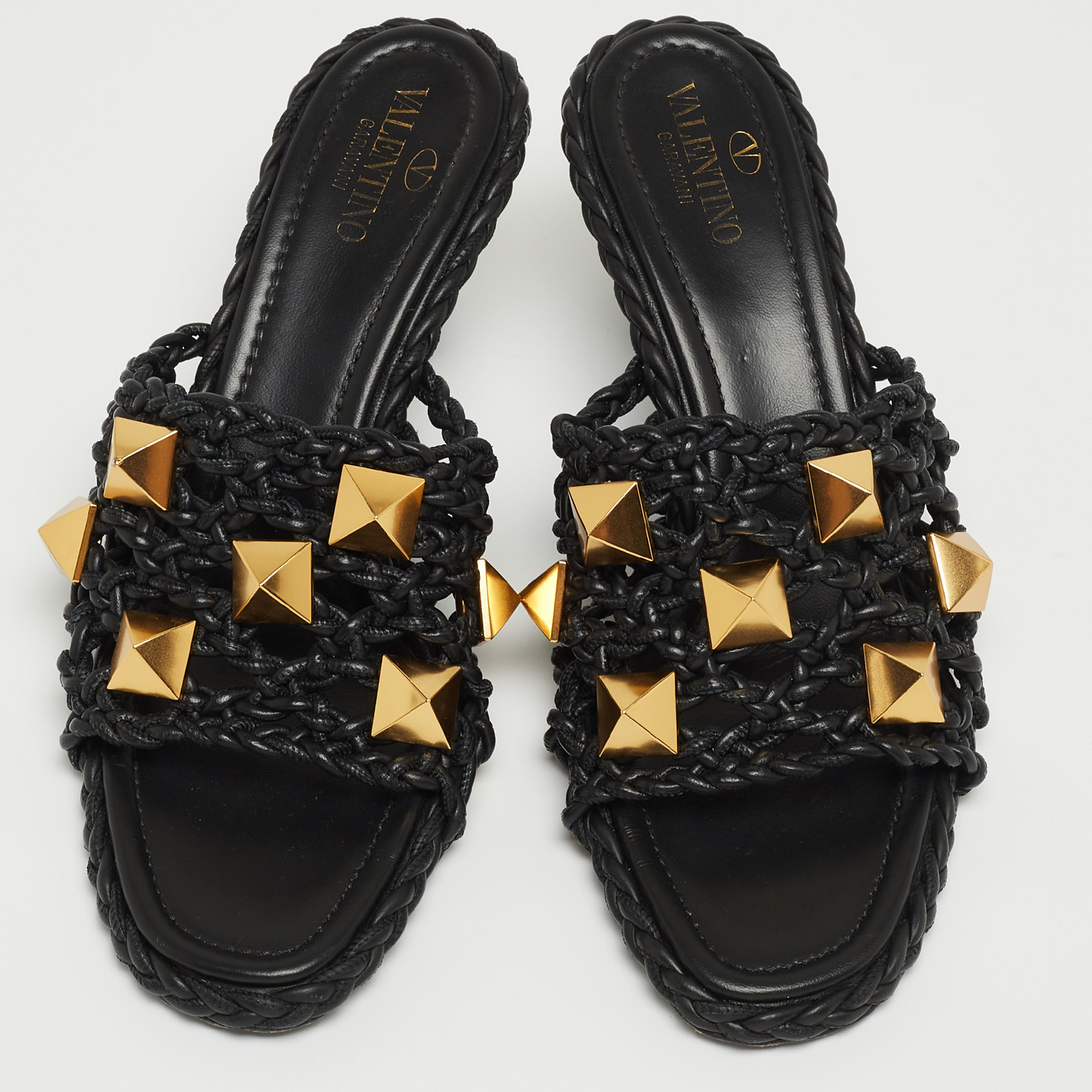 Valentino Black Woven Leather Roman Stud Slide Sandals Size 38.5