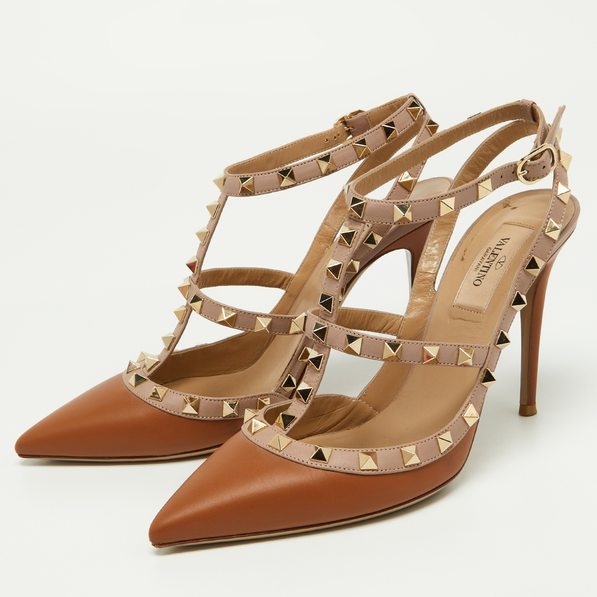 

Valentino Brown/Pink Leather Rockstud Strappy Pointed Toe Pumps Size