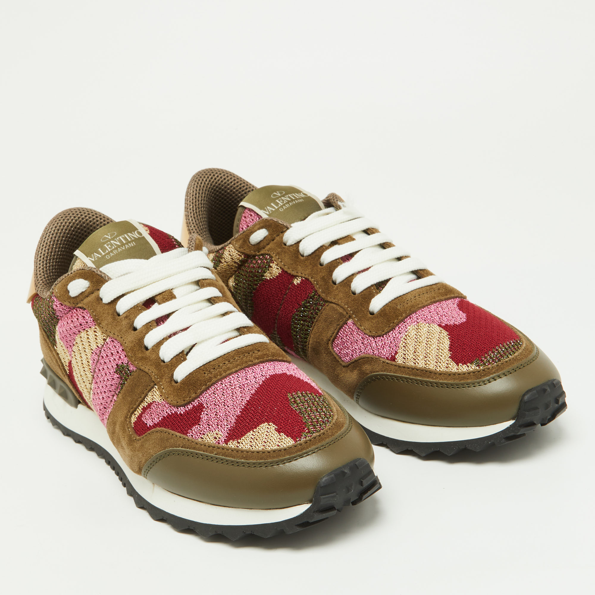 Valentino Multicolor Camo Print Suede,Leather And Knit Fabric Rockrunner Sneakers Size 38