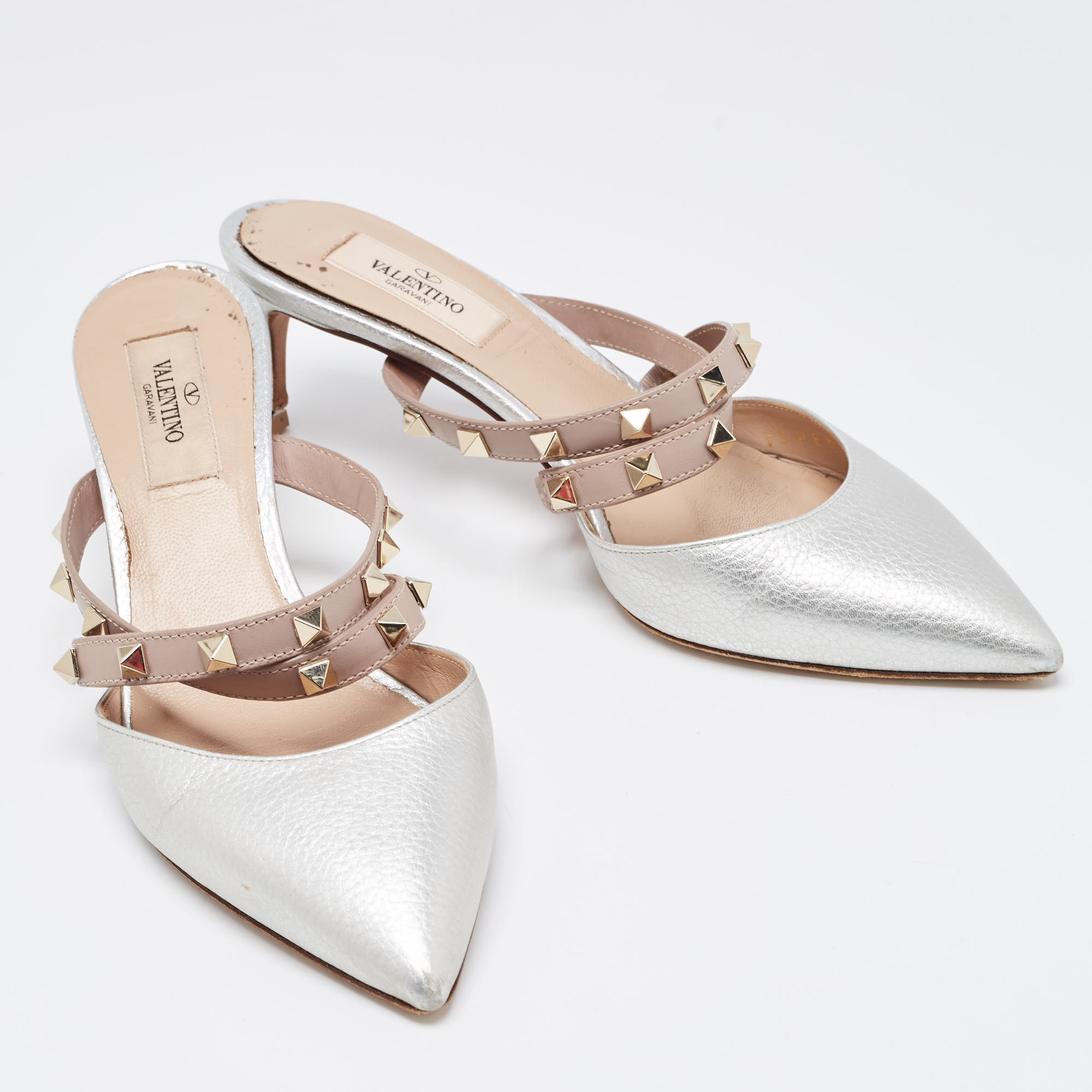 Valentino Silver/Beige Leather Rockstud Mules Size 37