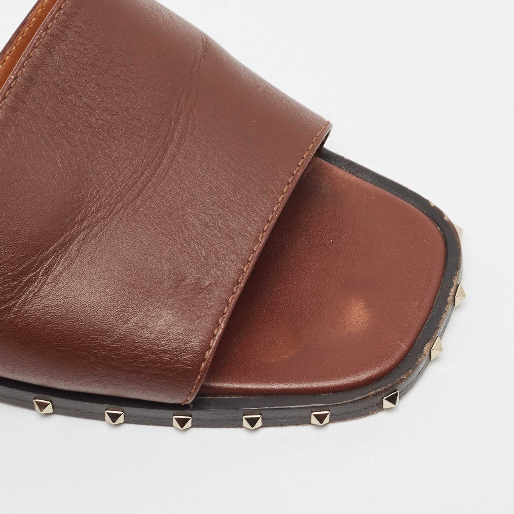 Valentino Brown Leather Soul Rockstud Slide Sandals Size 38