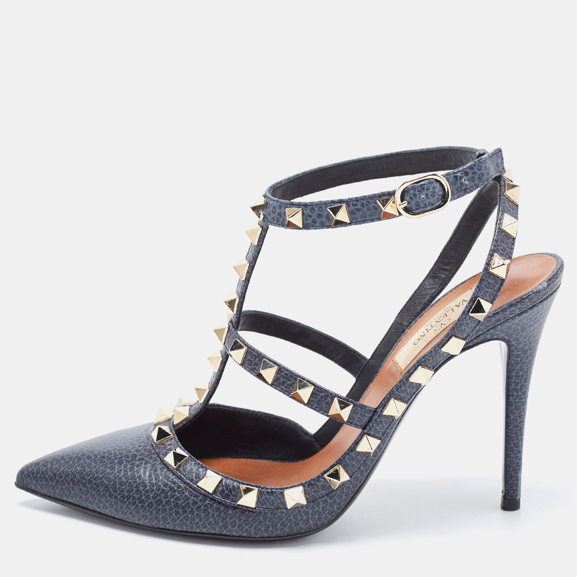 Valentino Two Tone Textured Leather Rockstud Ankle Strap Pumps Size 38