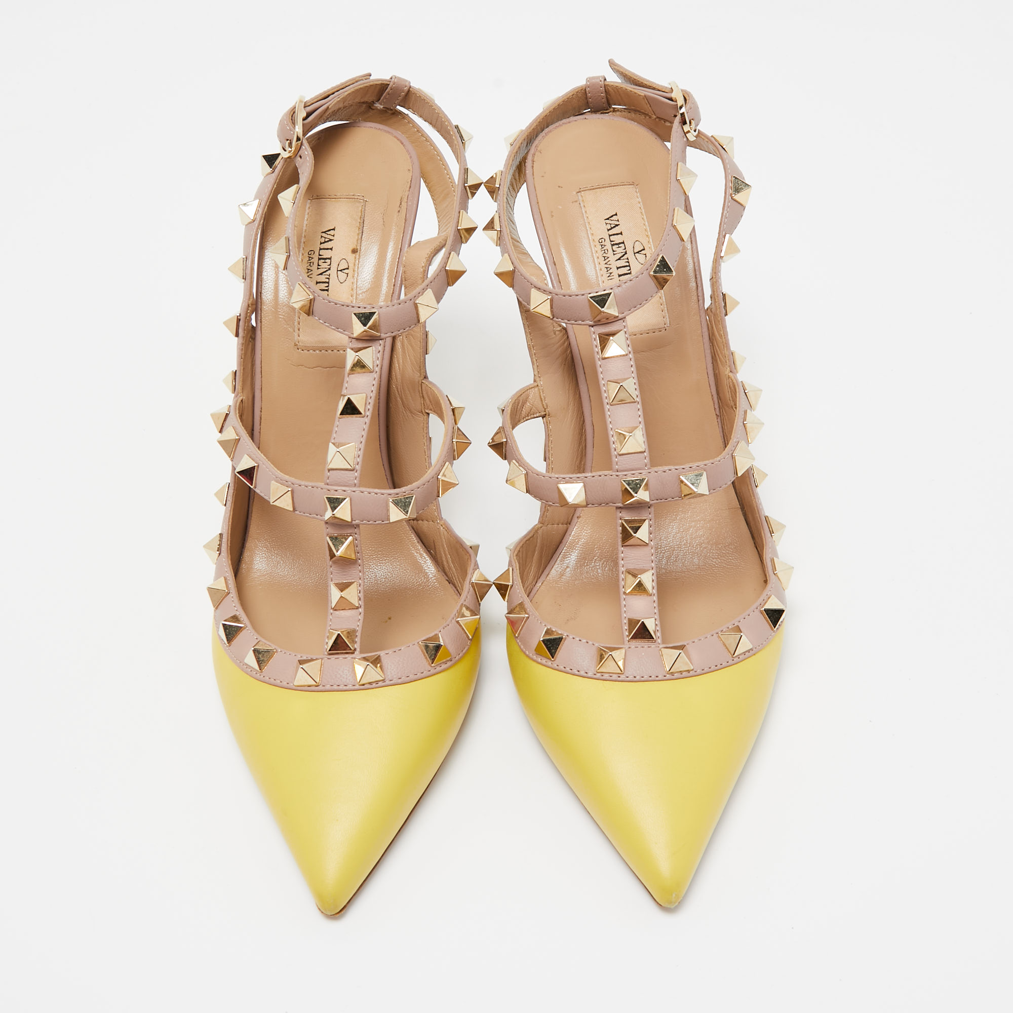 Valentino Yellow/Dusty Pink Leather Rockstud Ankle Strap Pumps Size 38.5