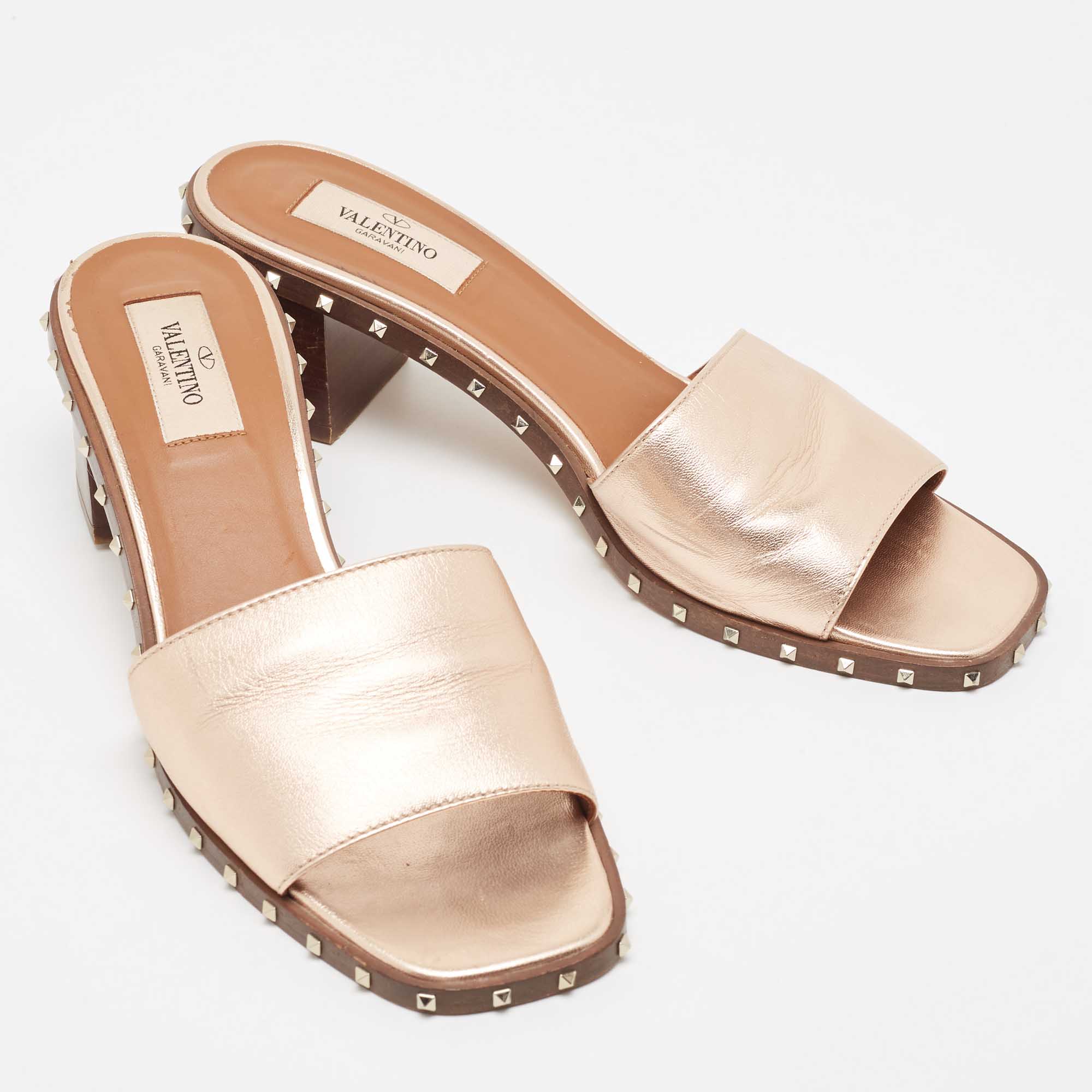 Valentino Metallic Leather Rockstud Open Toe Block Heel Slide Sandals Size 38.5