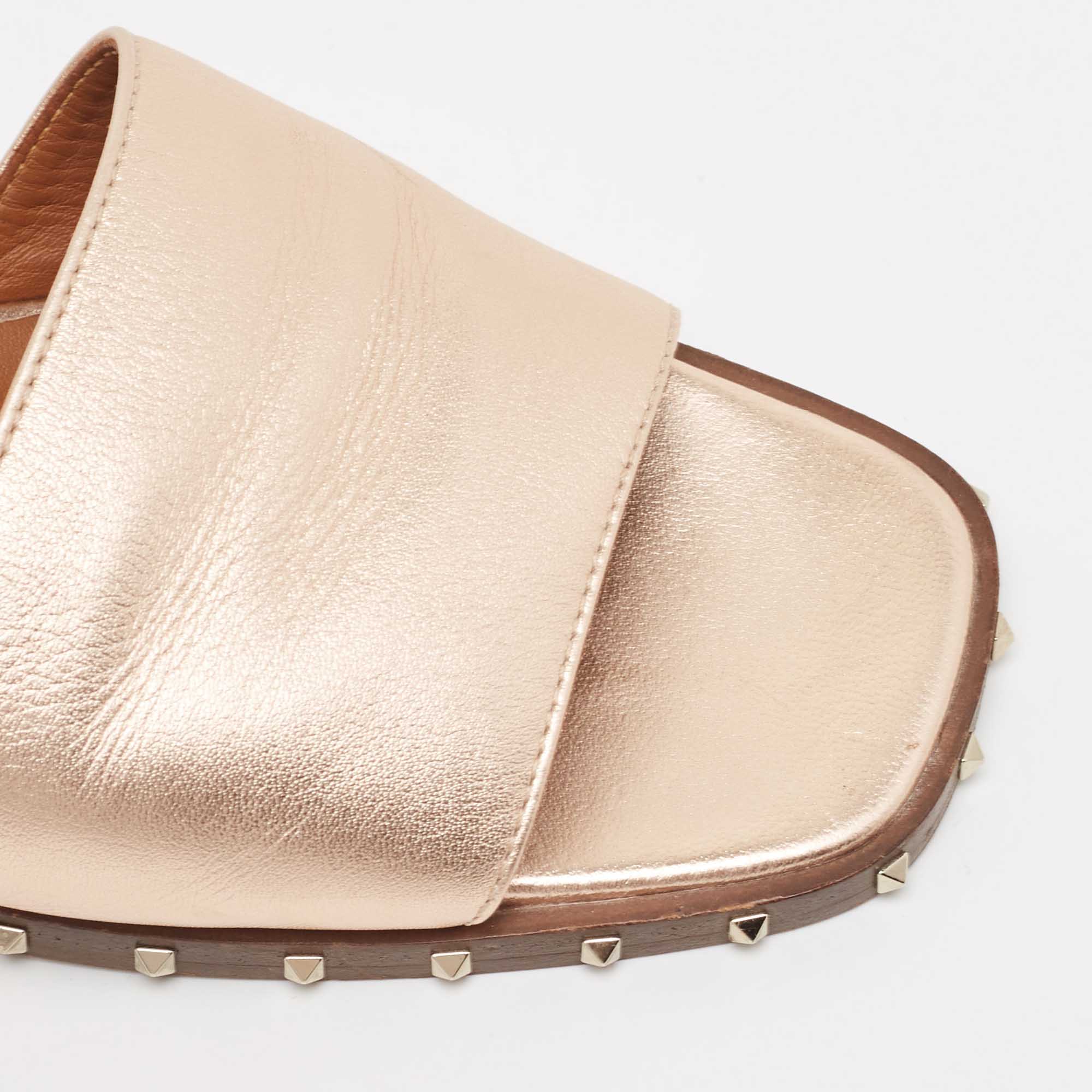 Valentino Metallic Leather Rockstud Open Toe Block Heel Slide Sandals Size 38.5