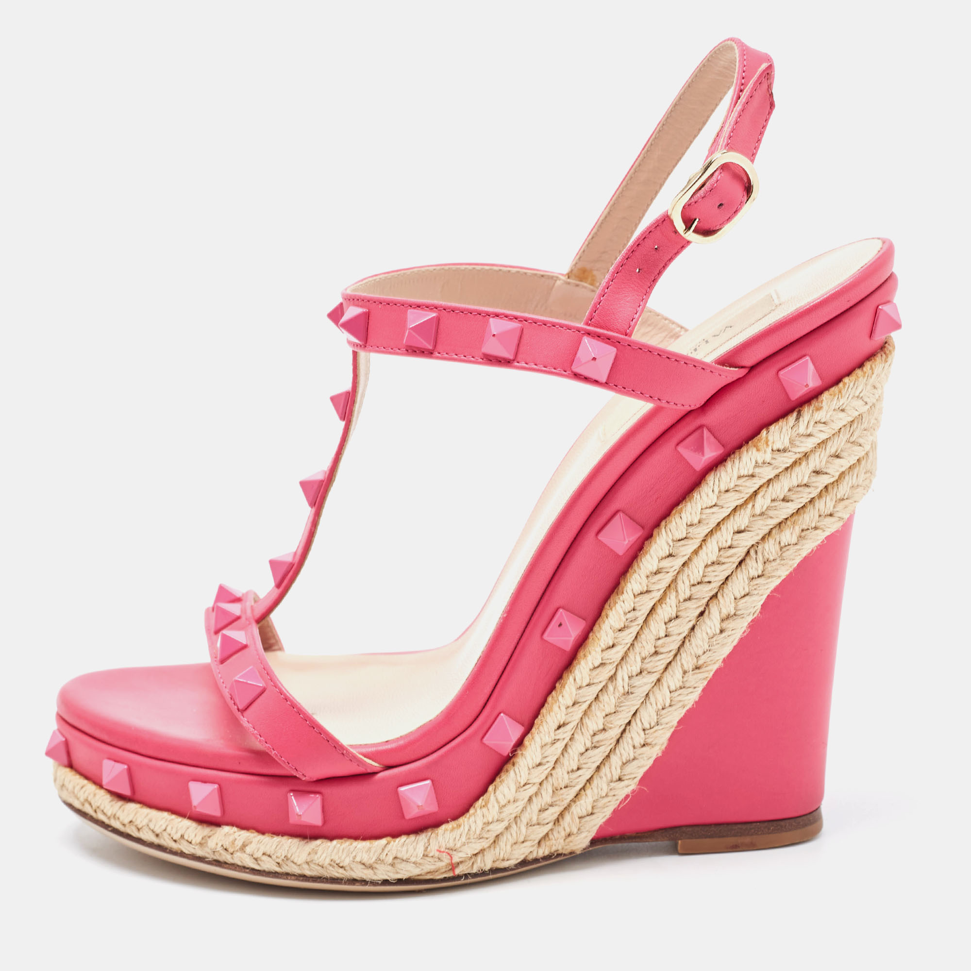 Valentino Pink Leather Rockstud  Wedge Ankle Sandals Size 38.5