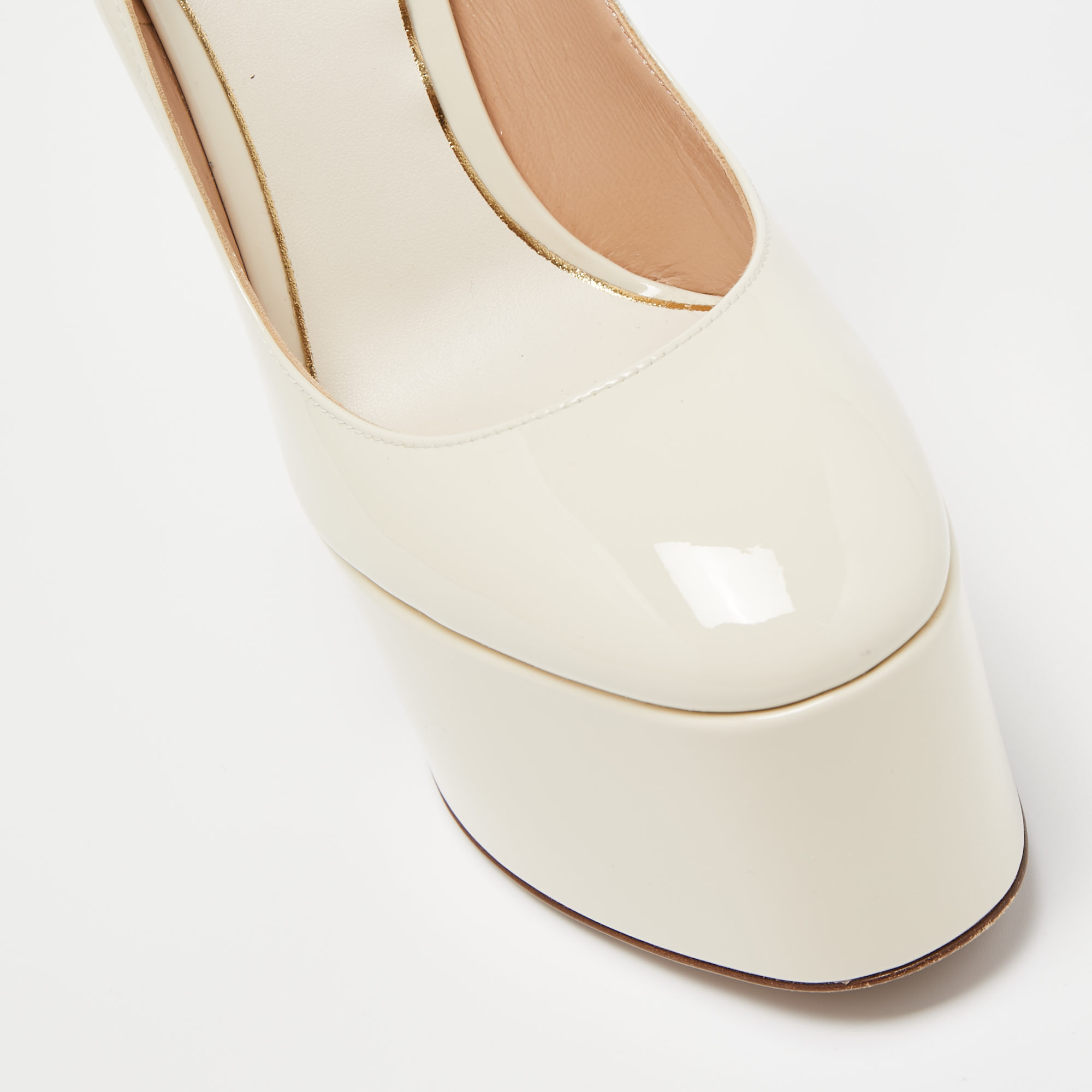 Valentino Cream Patent Tan-Go Platform Ankle Strap Pumps Size 37.5