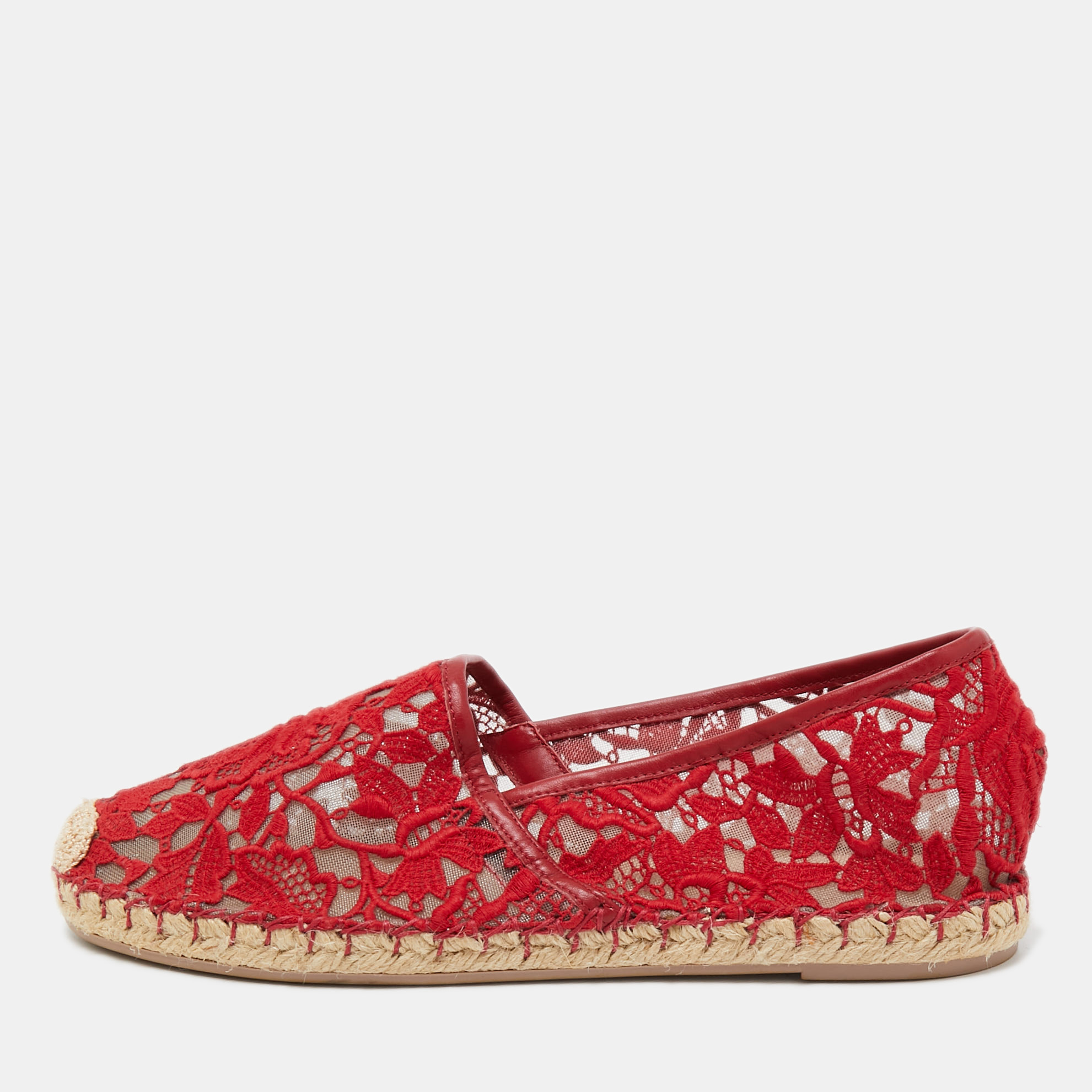 Valentino Red Floral Lace Espadrille Flats Size 39