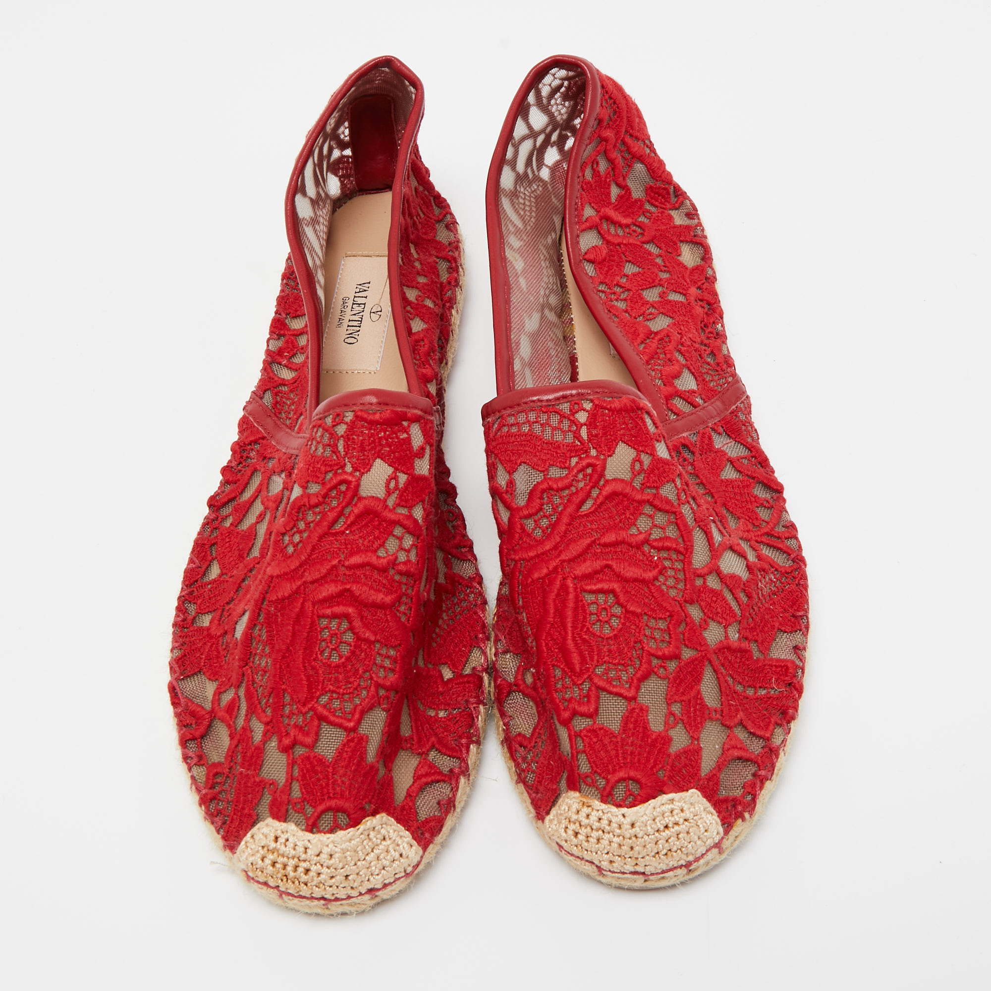 Valentino Red Floral Lace Espadrille Flats Size 39