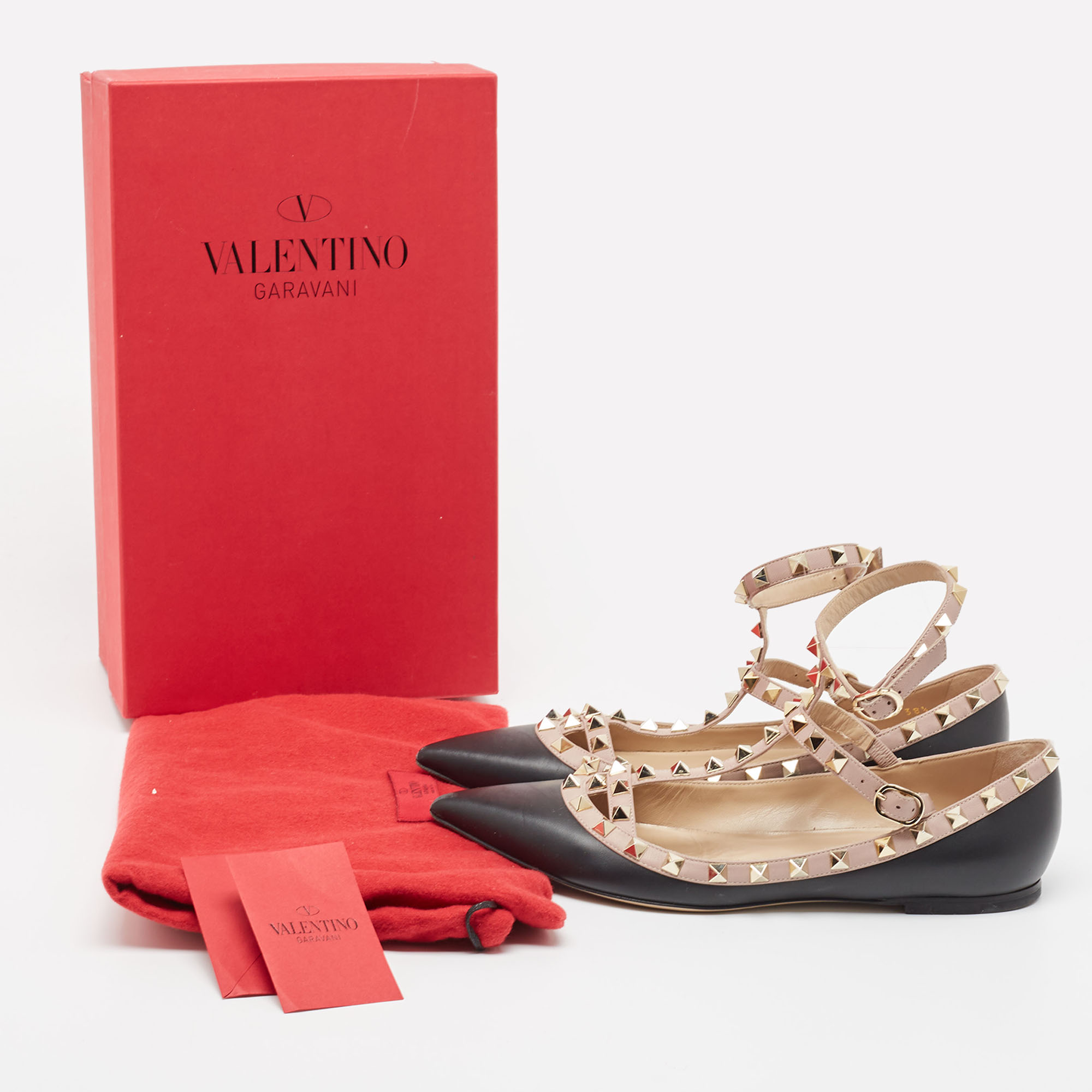 Valentino Black Leather Rockstud Ankle Strap Ballet Flats Size 38.5