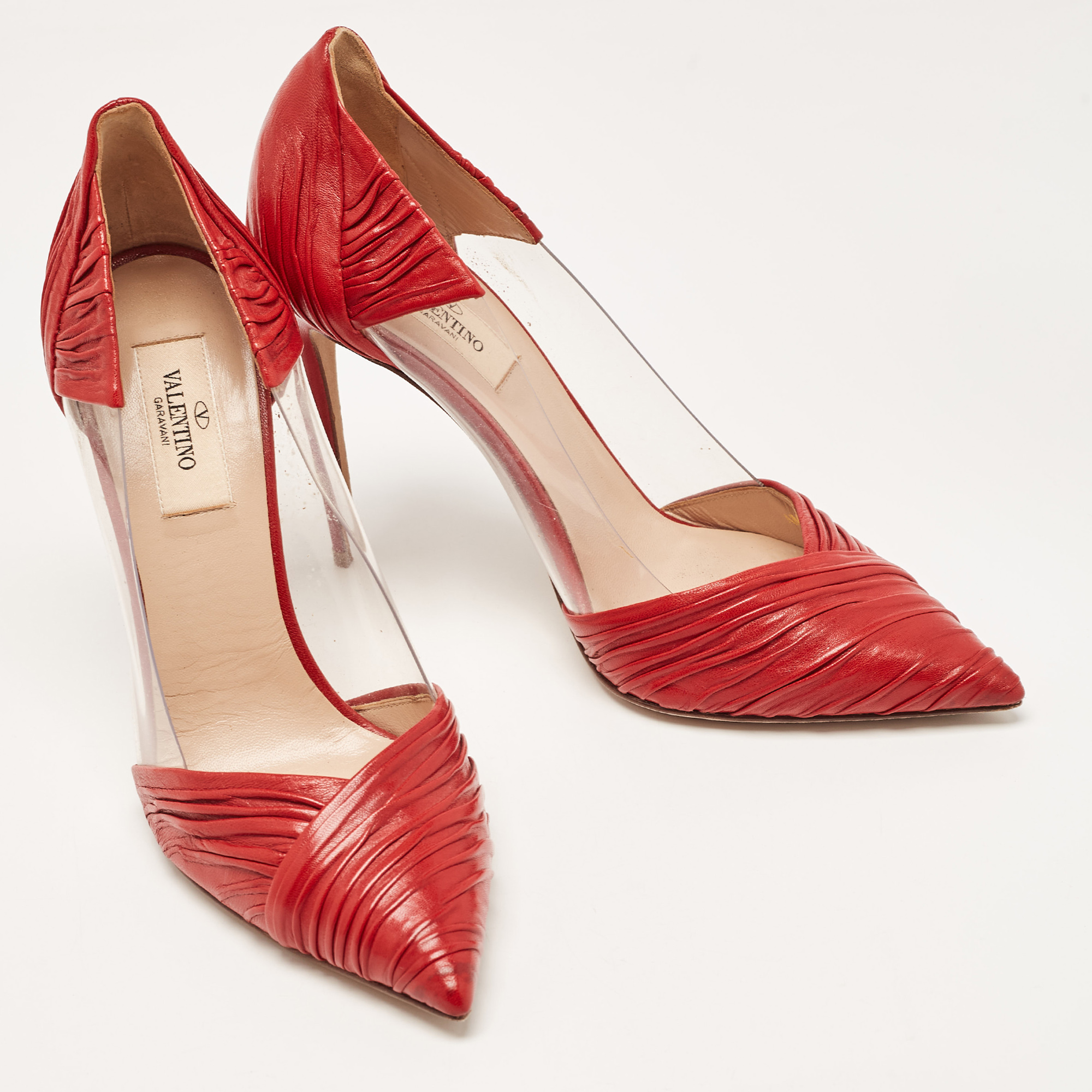 Valentino Red Leather And PVC B Drape Pointed Toe Pumps Size 38