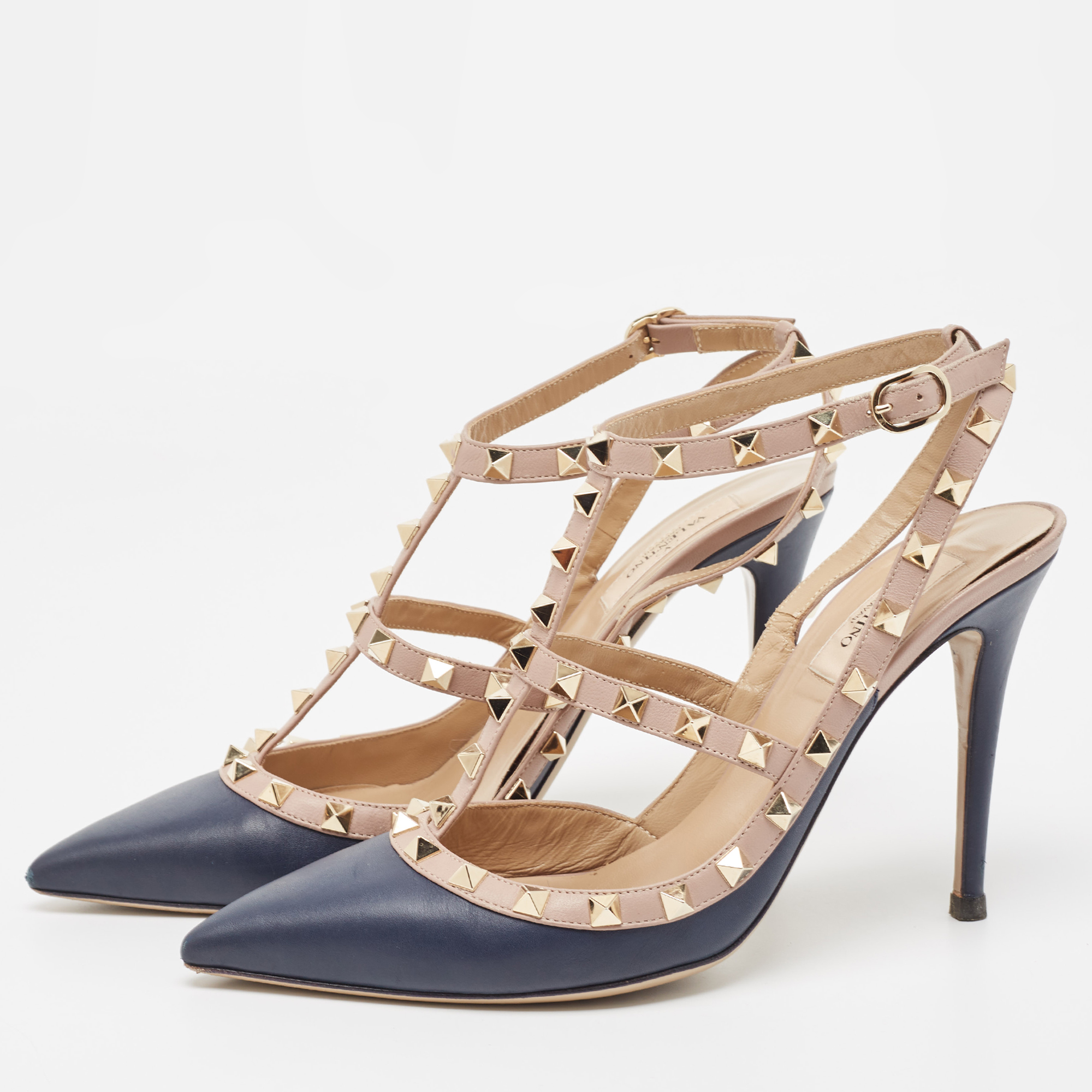 

Valentino Navy Blue/Dusty Pink Leather Rockstud Ankle Strap Pumps Size