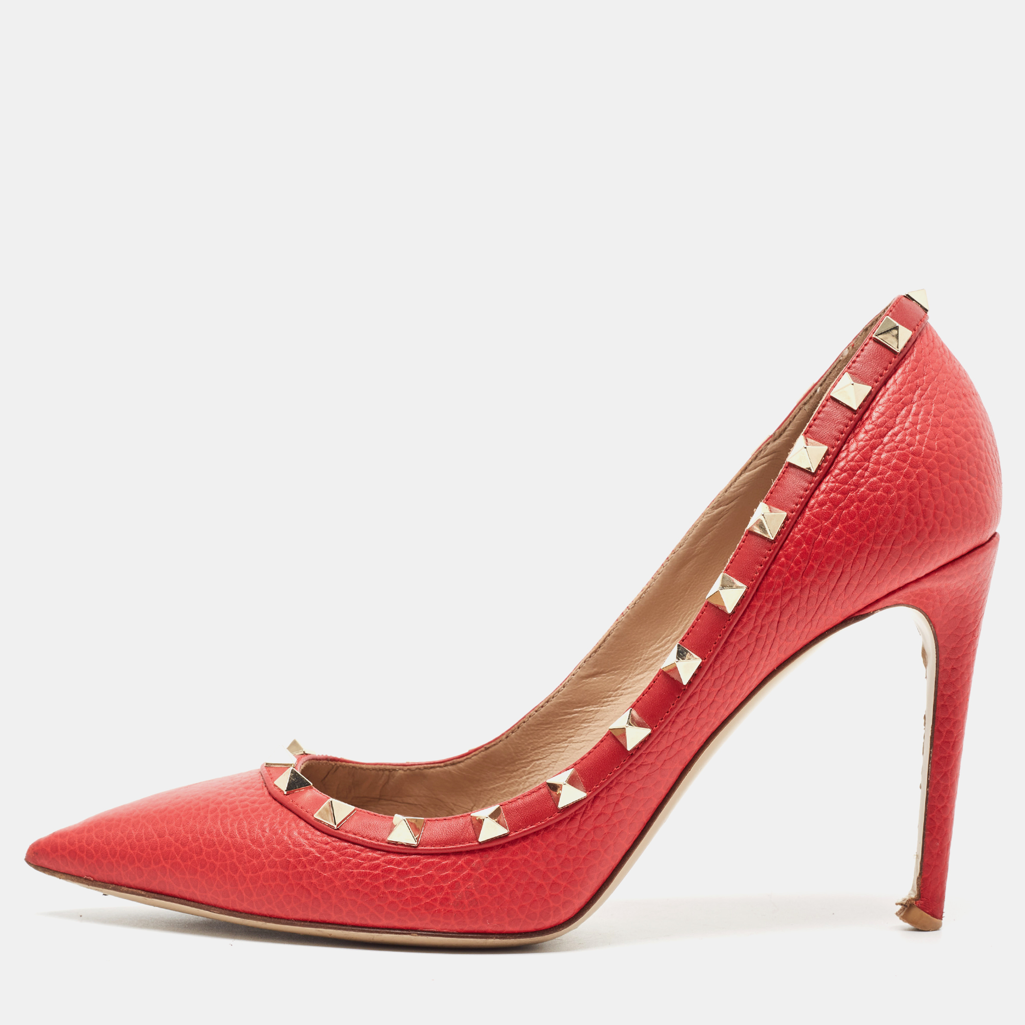 Valentino Red Grained Leather Rockstud Pumps Size 40.5