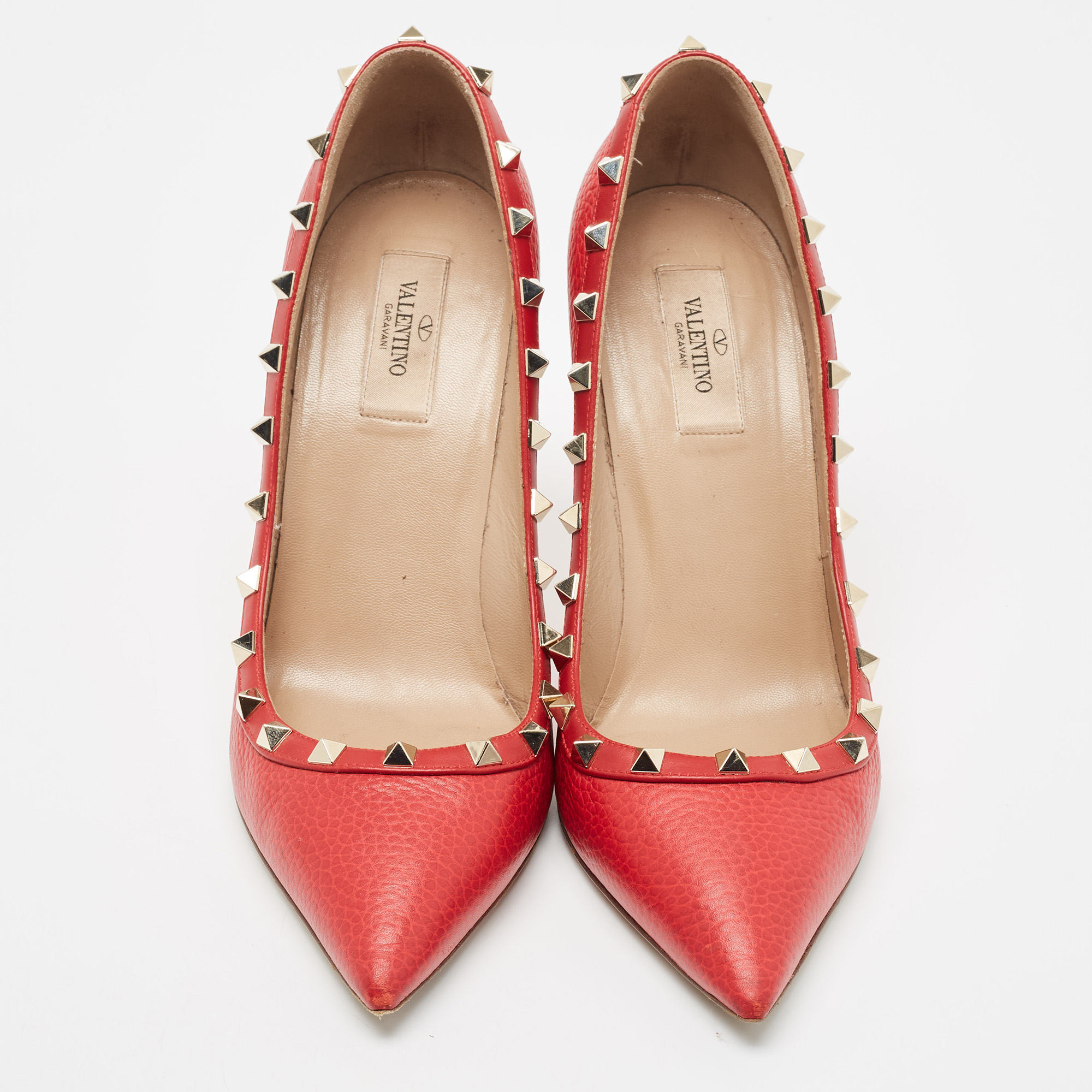 Valentino Red Grained Leather Rockstud Pumps Size 40.5