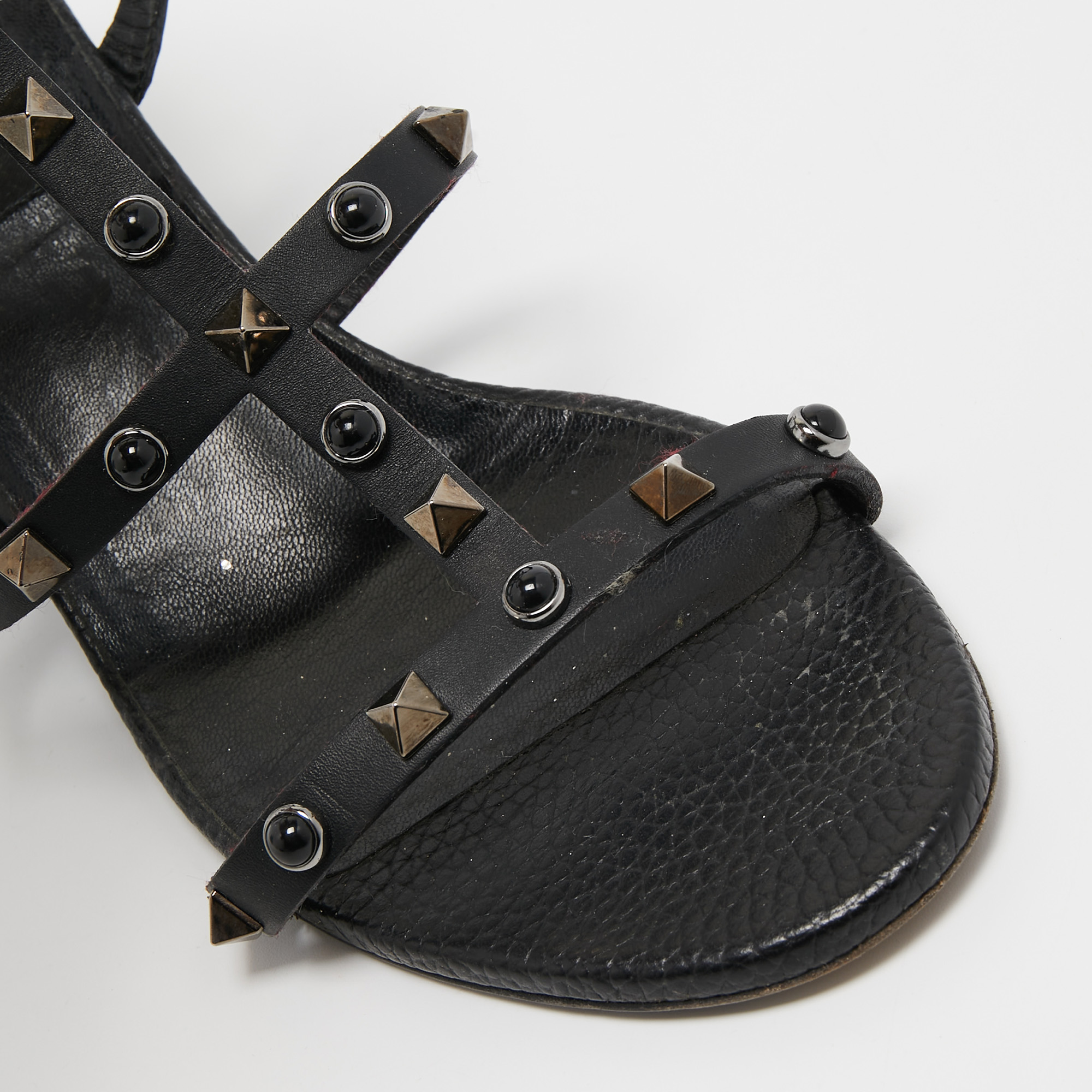 Valentino Black Leather Rolling Rockstud Ankle Strap Sandals Size 40