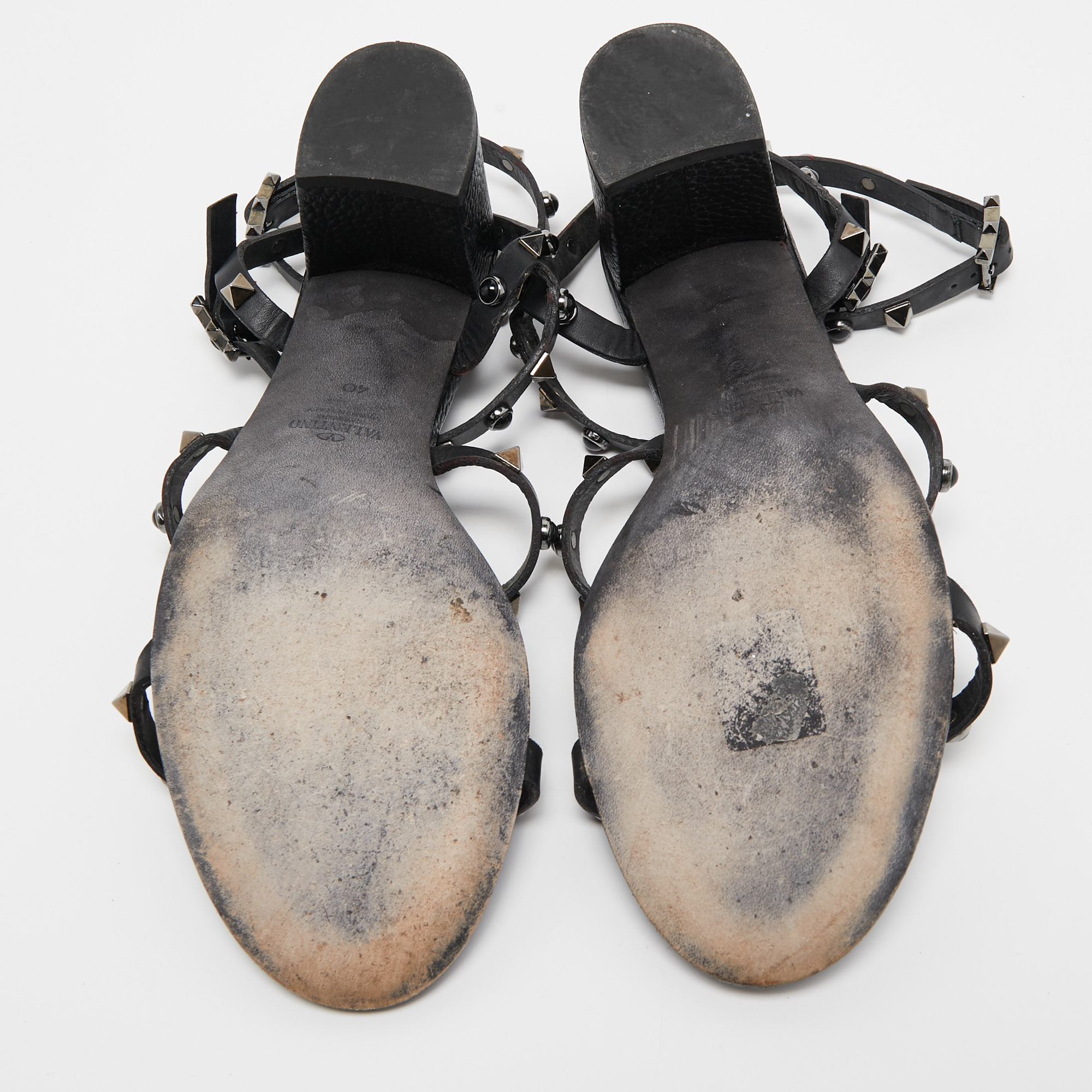 Valentino Black Leather Rolling Rockstud Ankle Strap Sandals Size 40