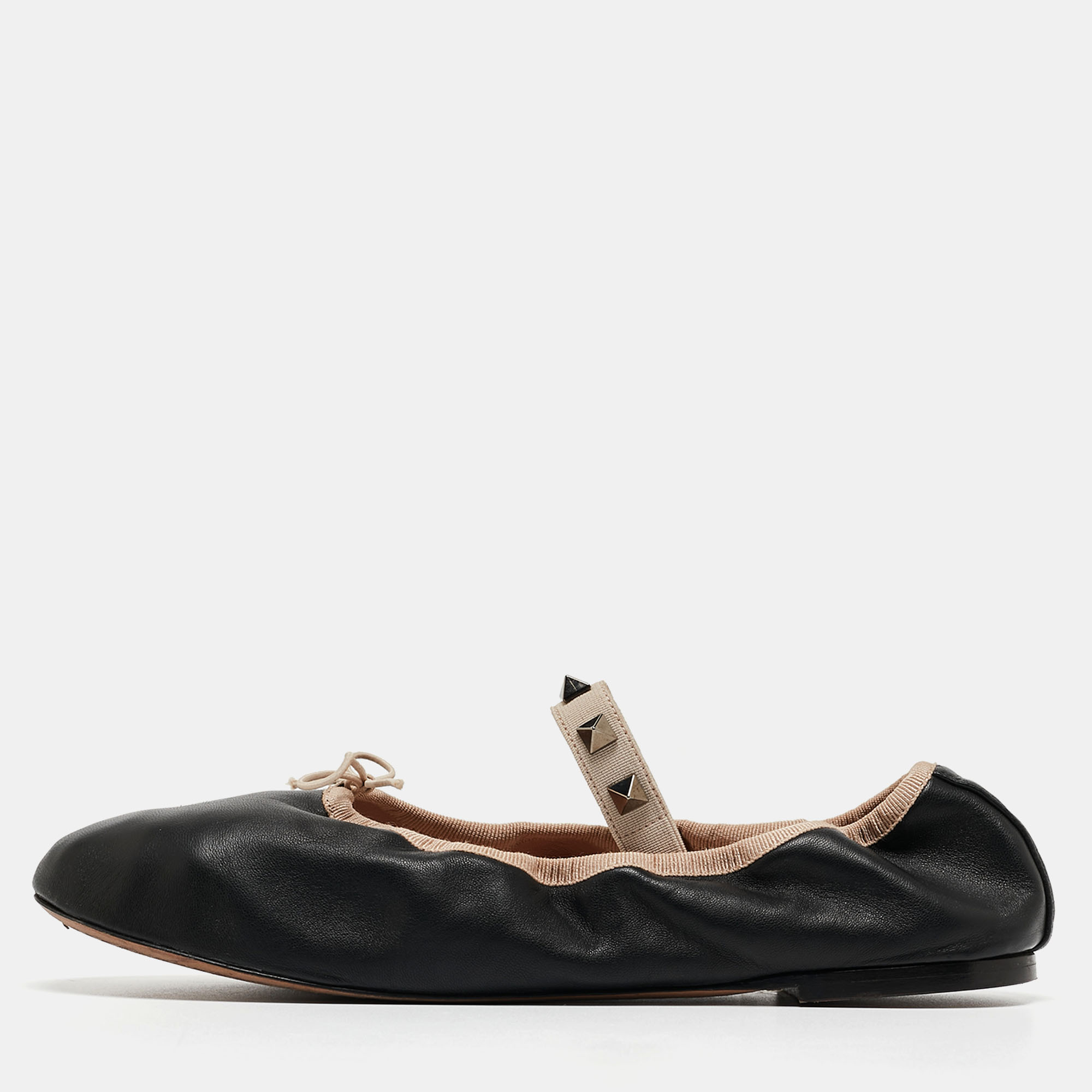 Valentino Black Leather Rockstud Mary Jane Bow Ballet Flats Size 38.5