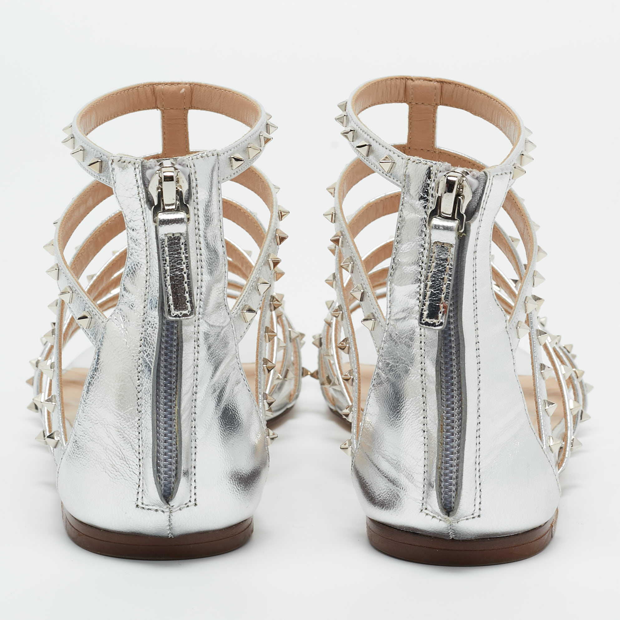 Valentino Silver Leather Love Latch Cross Strap Flat Gladiator Sandals Size 39.5