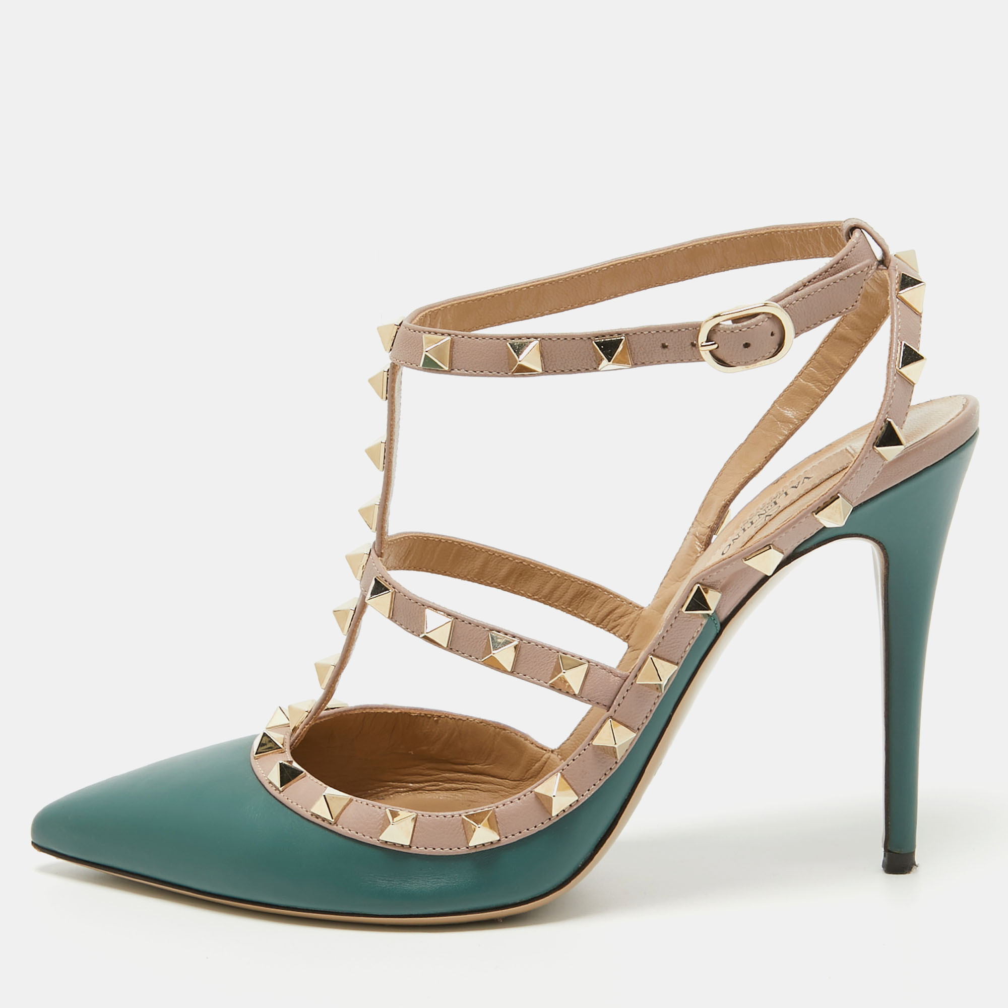 Valentino Green/Beige Leather Caged Rockstud Pumps Size 41