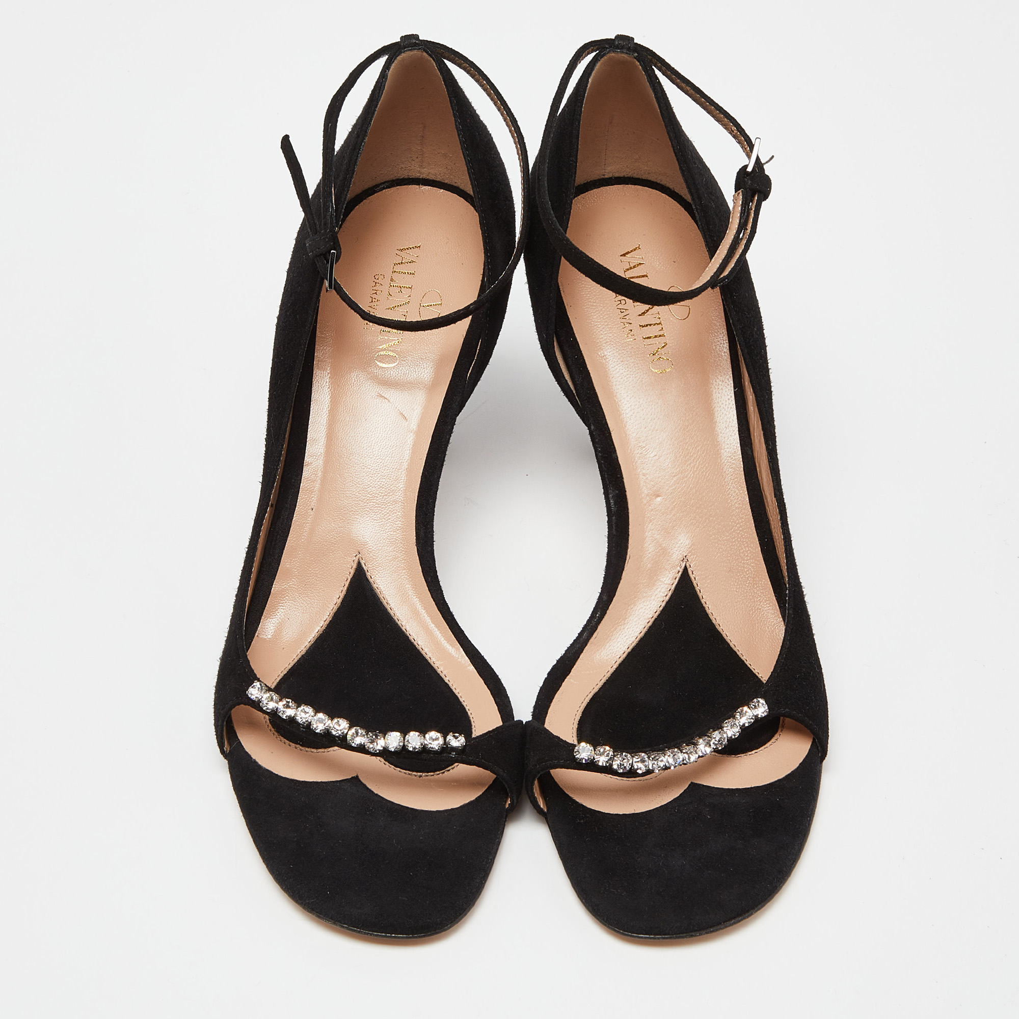 Valentino Black Suede Crystal Embellished Ankle Strap Sandals Size 39