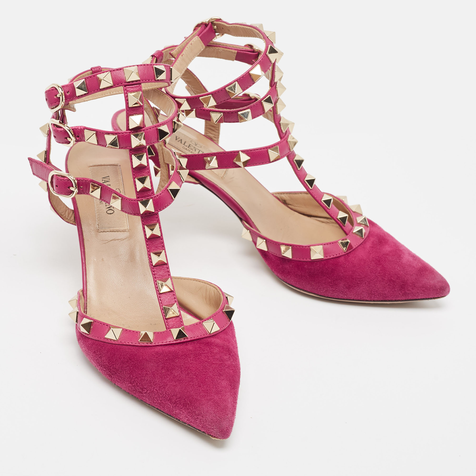 Valentino Pink Suede Rockstud Ankle Strap Pumps Size 36