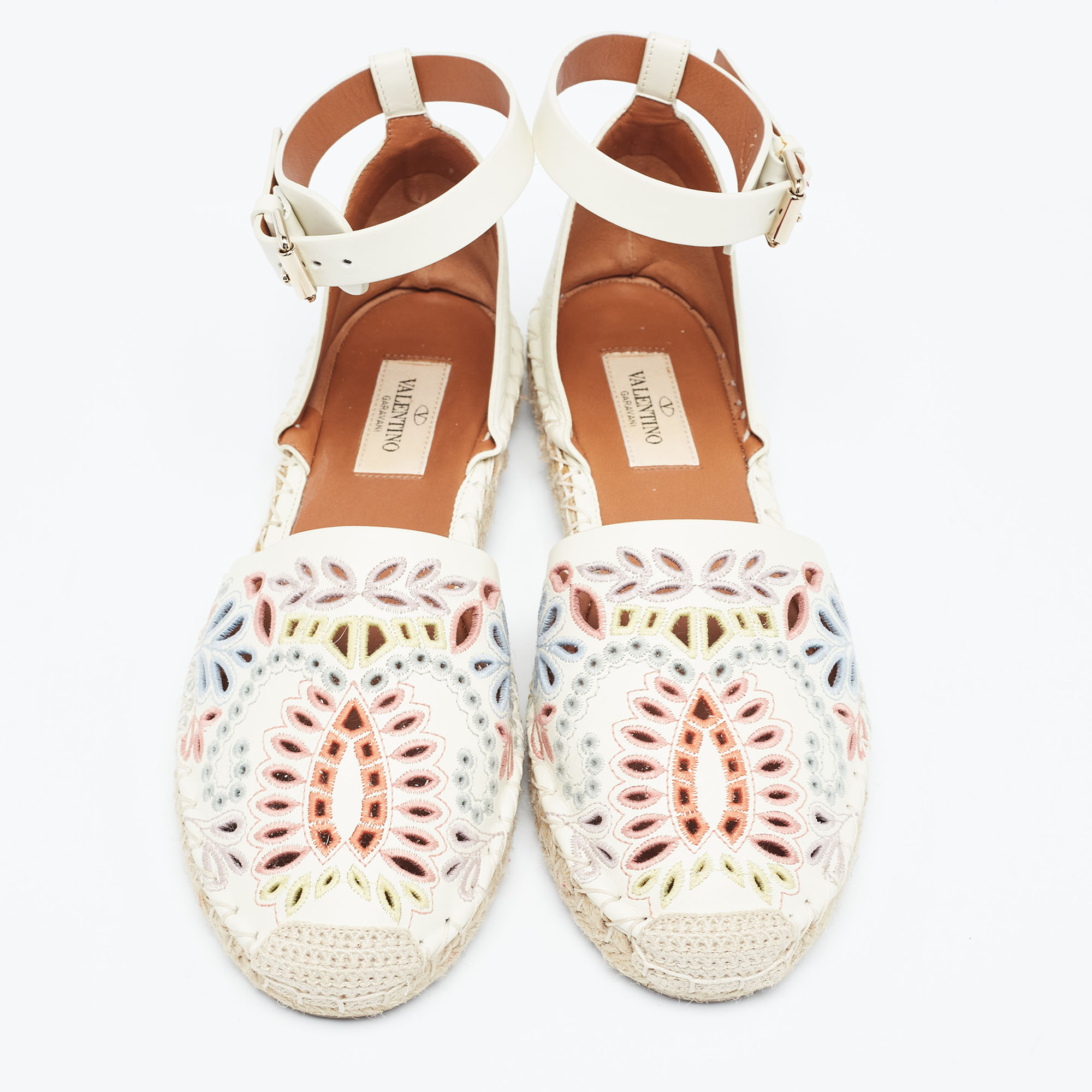 Valentino Cream  Embroidered Leather Ankle Strap Espadrille Flats Size 37